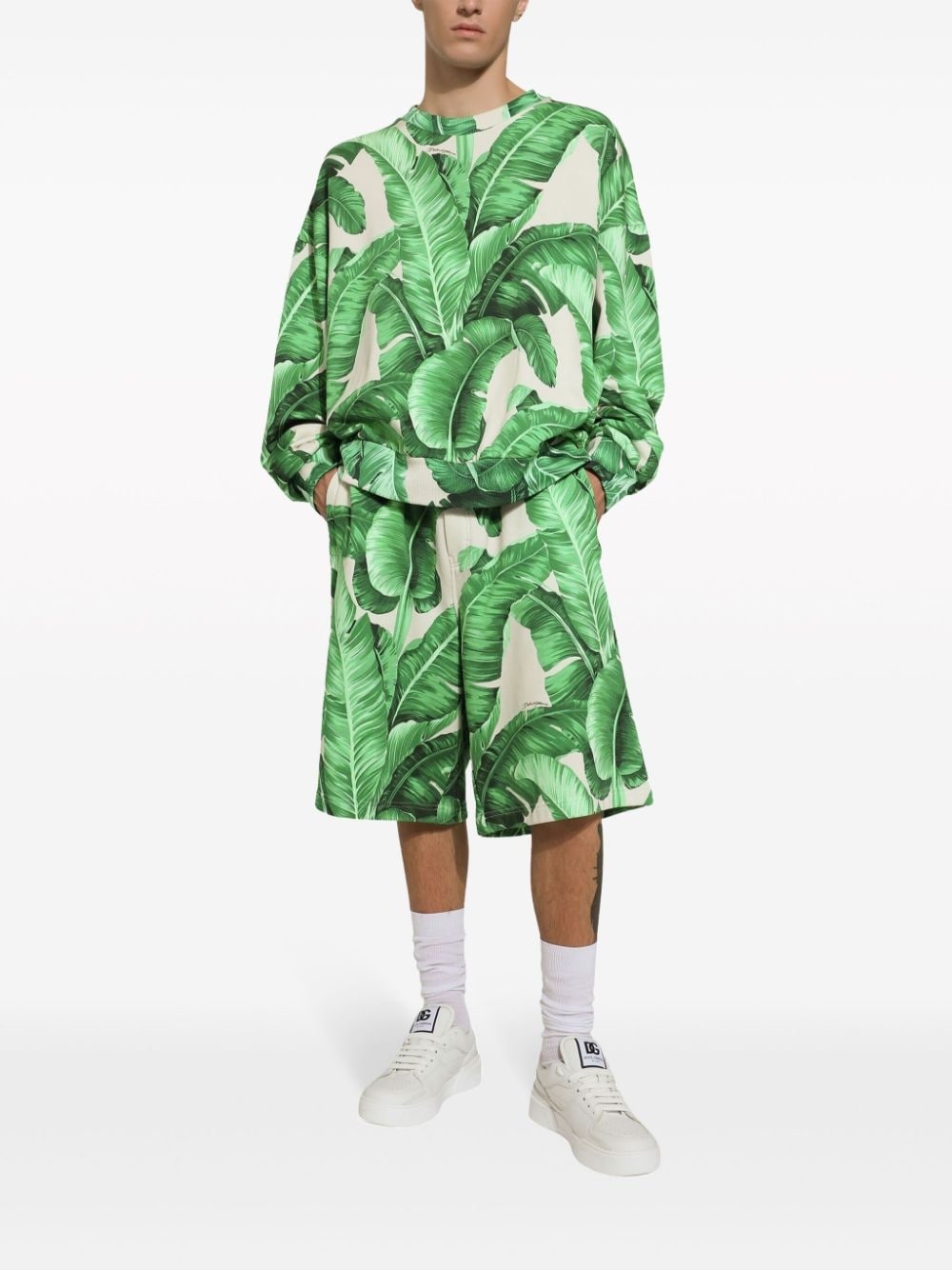 leaf-print cotton track shorts - 2