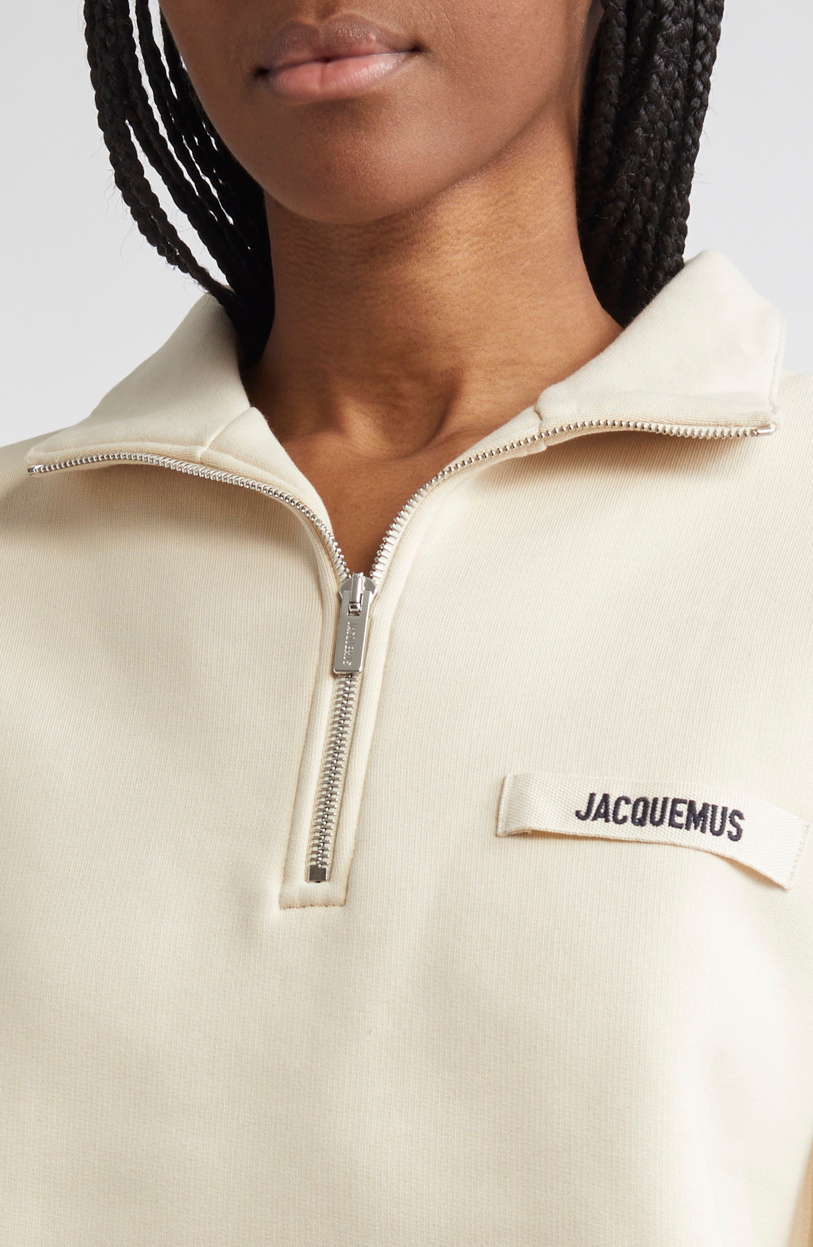 Jacquemus The Gros Grain Cotton Fleece Zip Sweatshirt in Beige at Nordstrom - 5