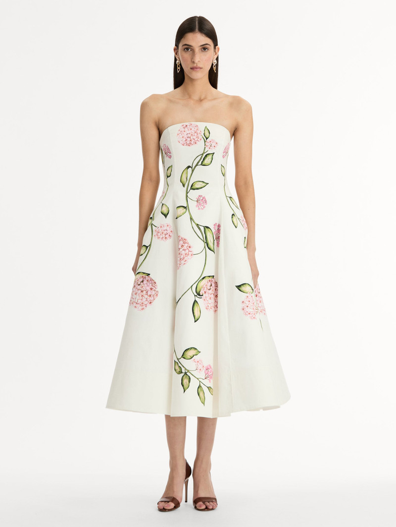 Oscar de la Renta PORCELAIN FLOWER COTTON POPLIN STRAPLESS DRESS outlook