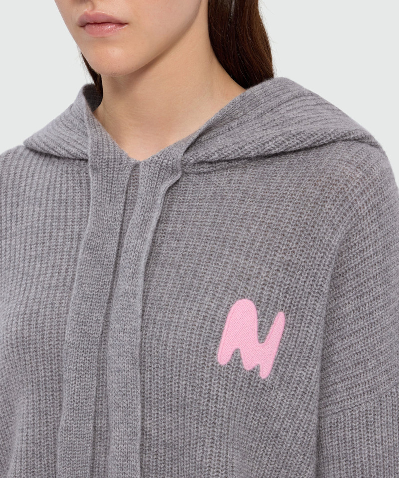 Grey cashmere-blend hooded knit with MWAVE embroidery and balloon sleeves 5