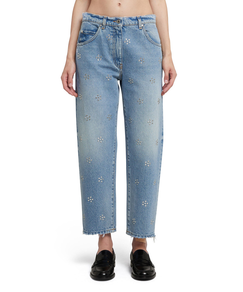 MSGM Blue denim pants wih 5 pockets and daisy rhinestone application outlook