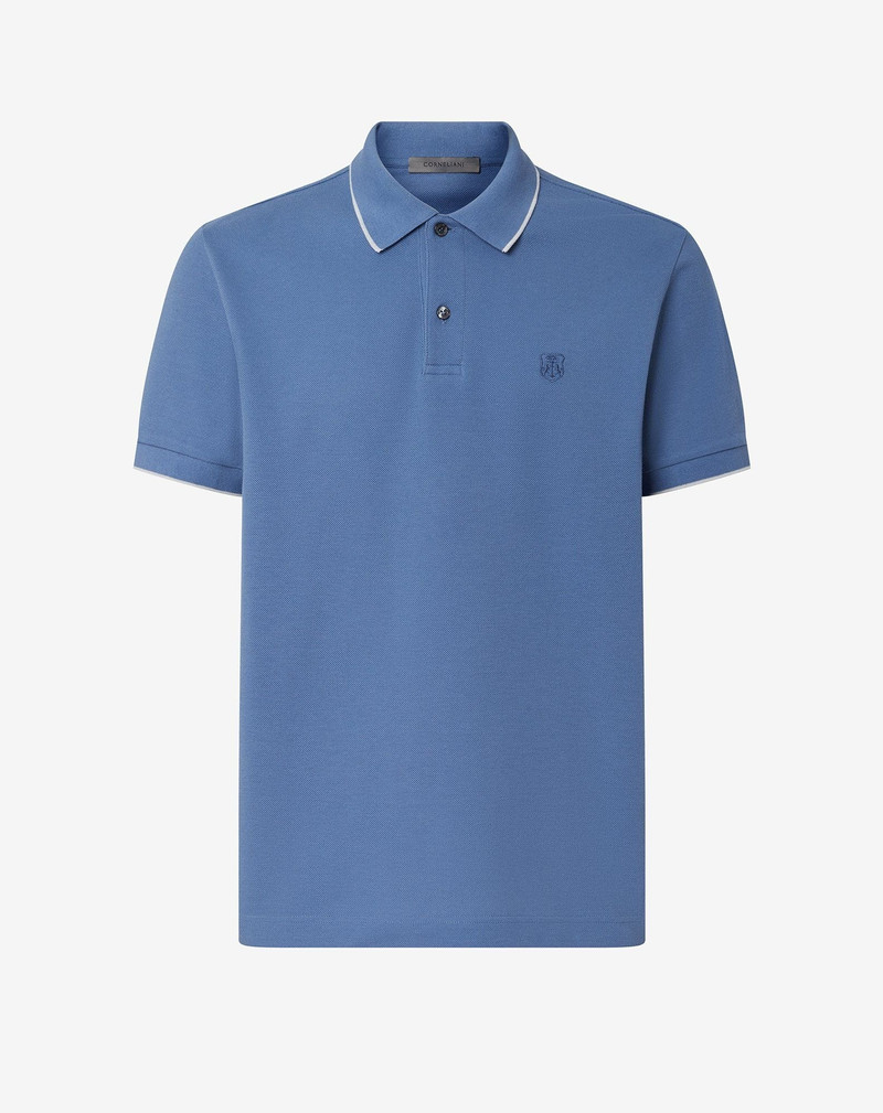 Light blue button-up compact cotton pique polo shirt 1