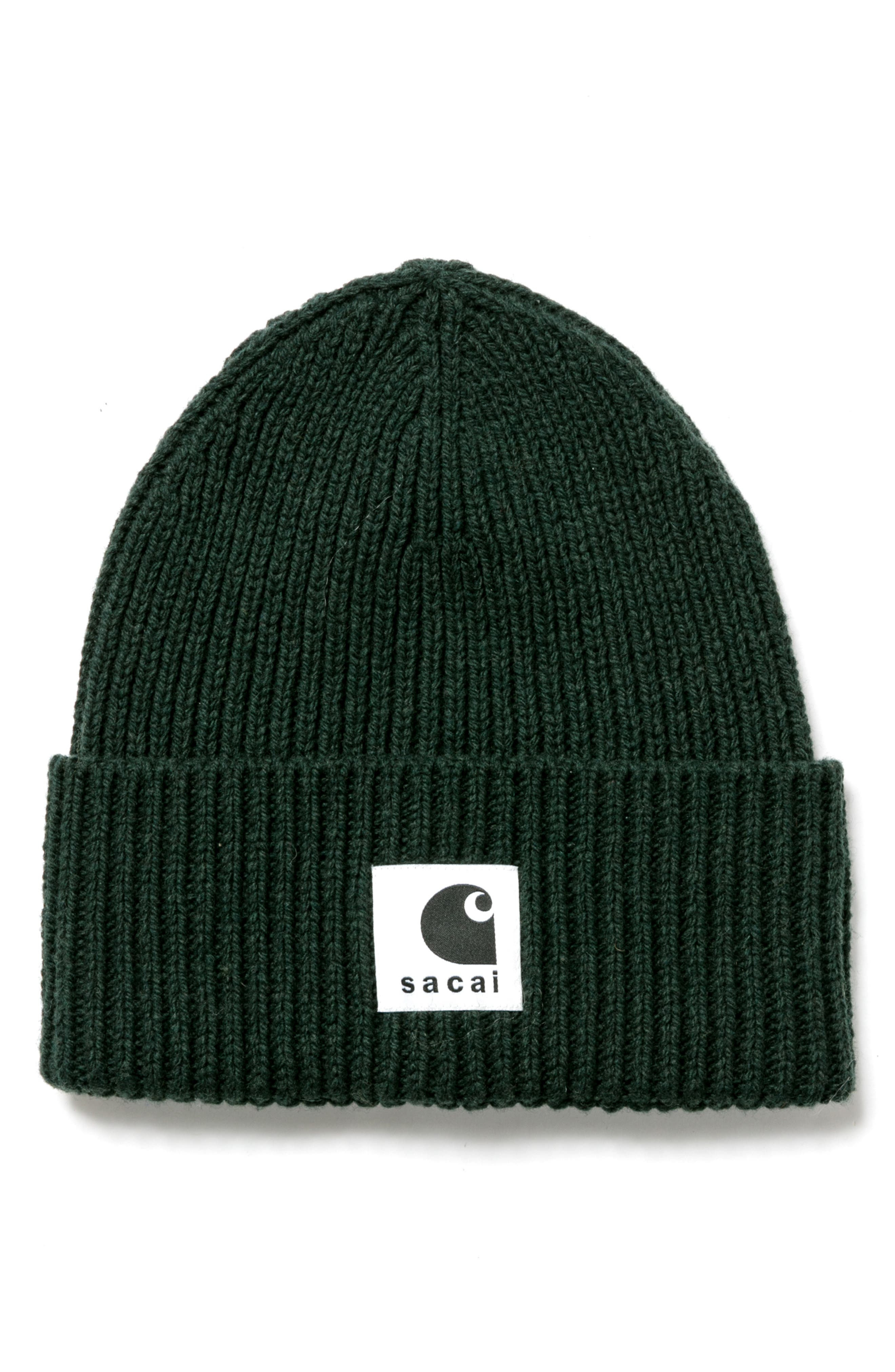 Sacai Carhartt WIP Rib Wool & Nylon Logo Beanie in Green at Nordstrom - 1