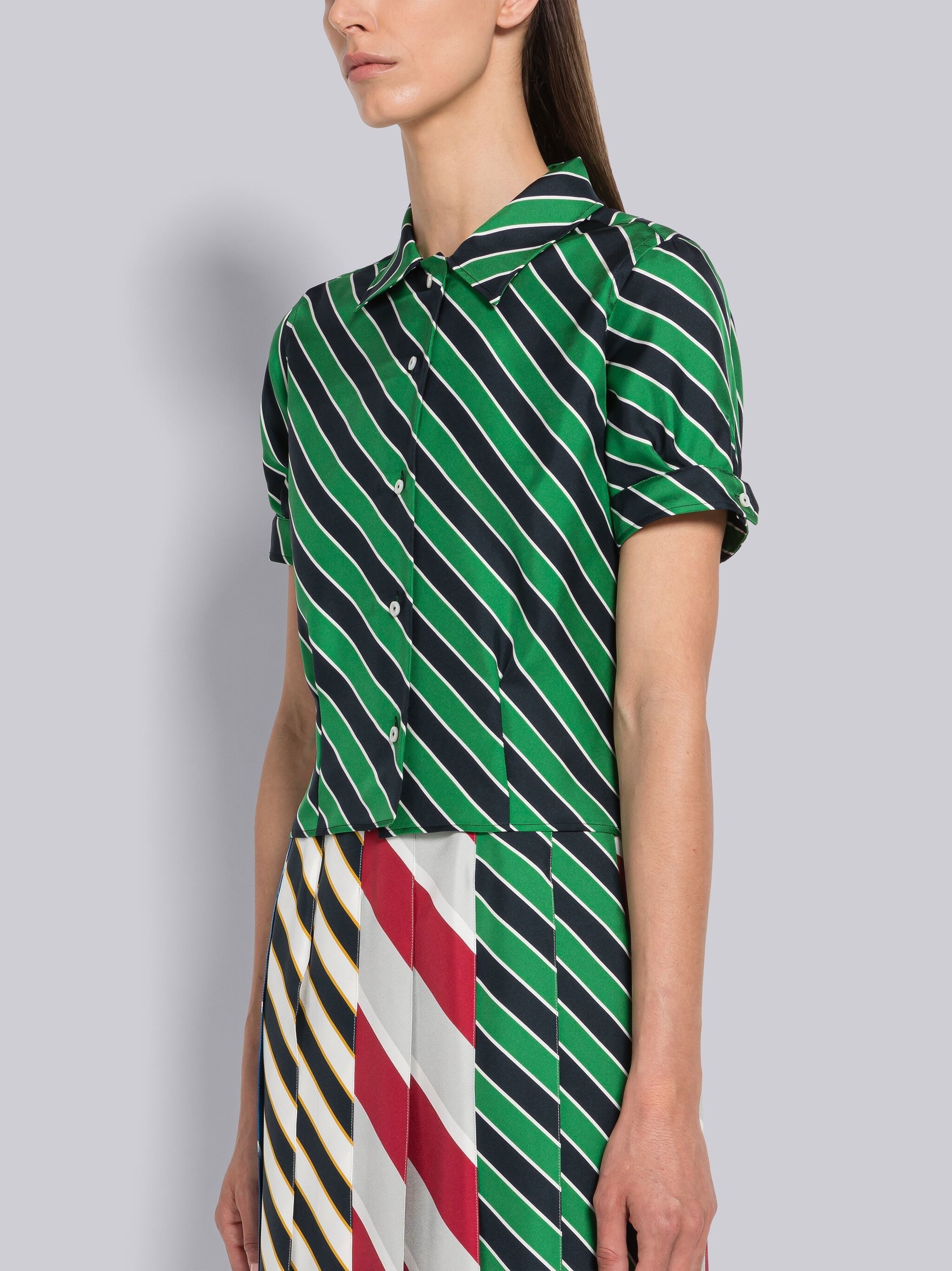 Awning Stripe Silk Short Sleeve Tucked Blouse - 2