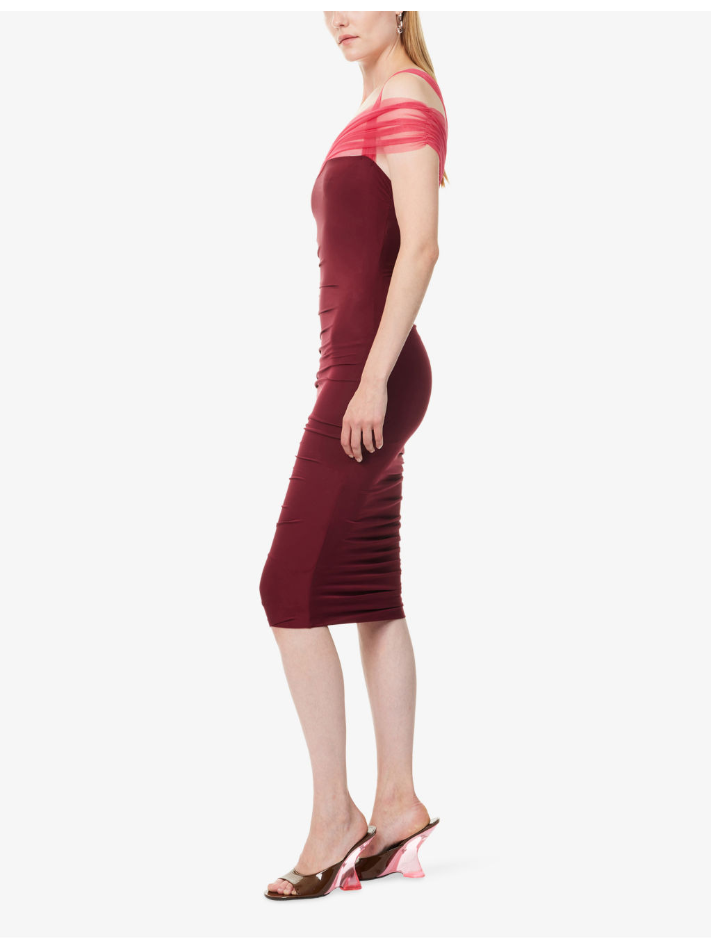 Ruched Square-Neck Stretch-Woven Midi Dress - 3