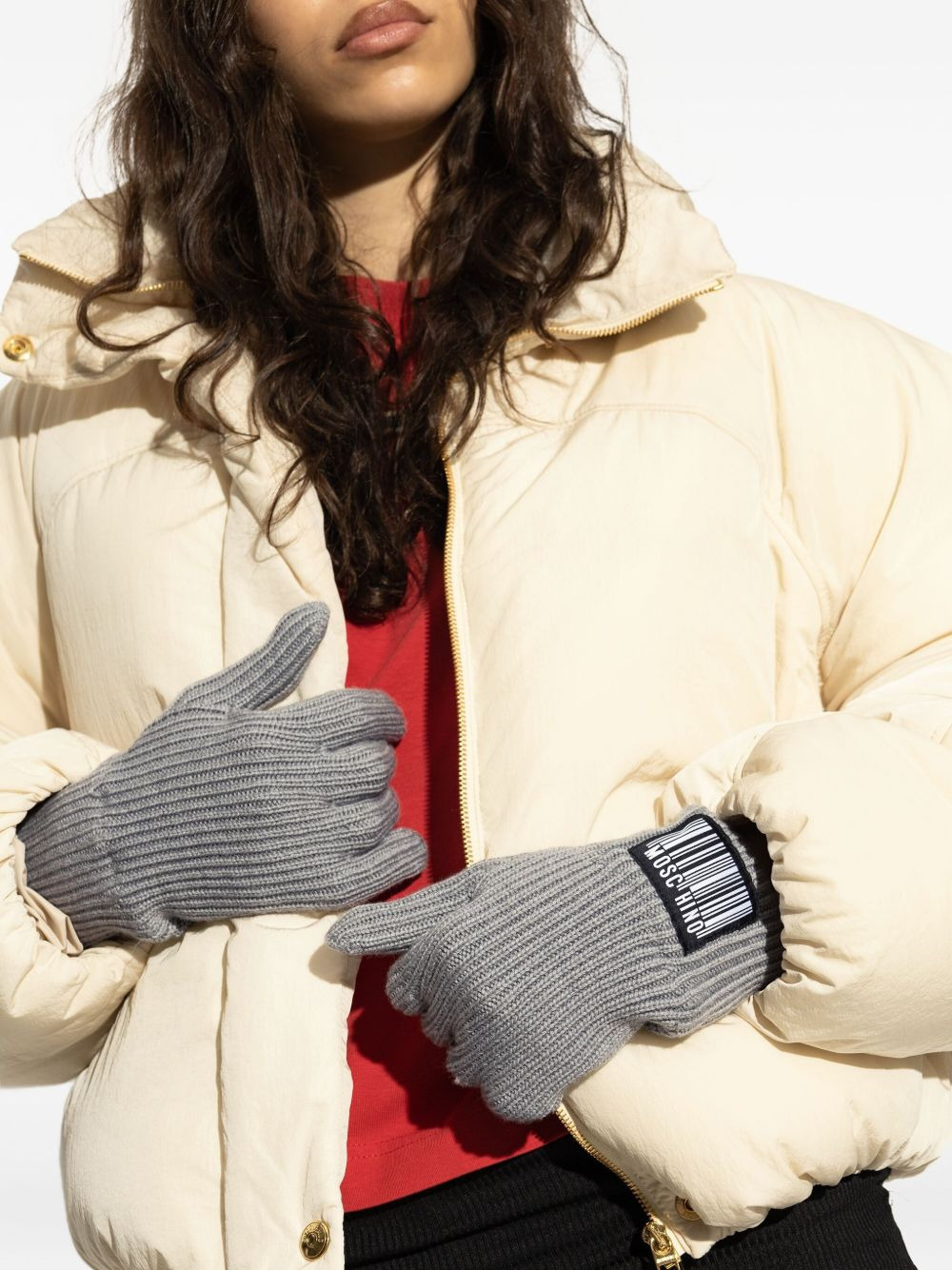 barcode-appliqué ribbed gloves - 5