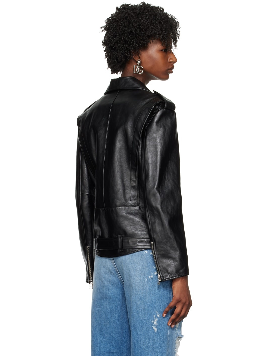 Black Pin-Buckle Belt Leather Jacket - 3