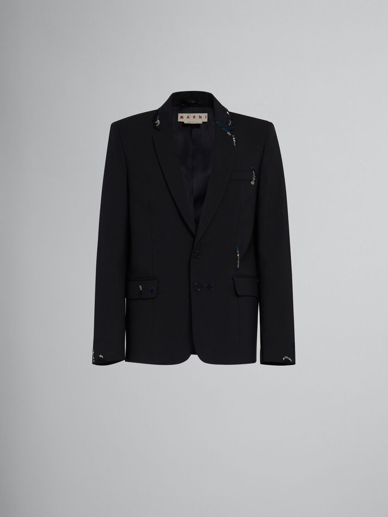 BLACK WOOL JACKET WITH BEAD MENDING - 1