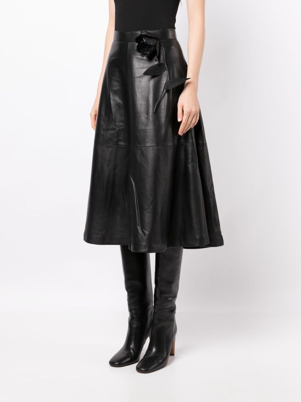 floral-embroidered leather midi skirt - 3