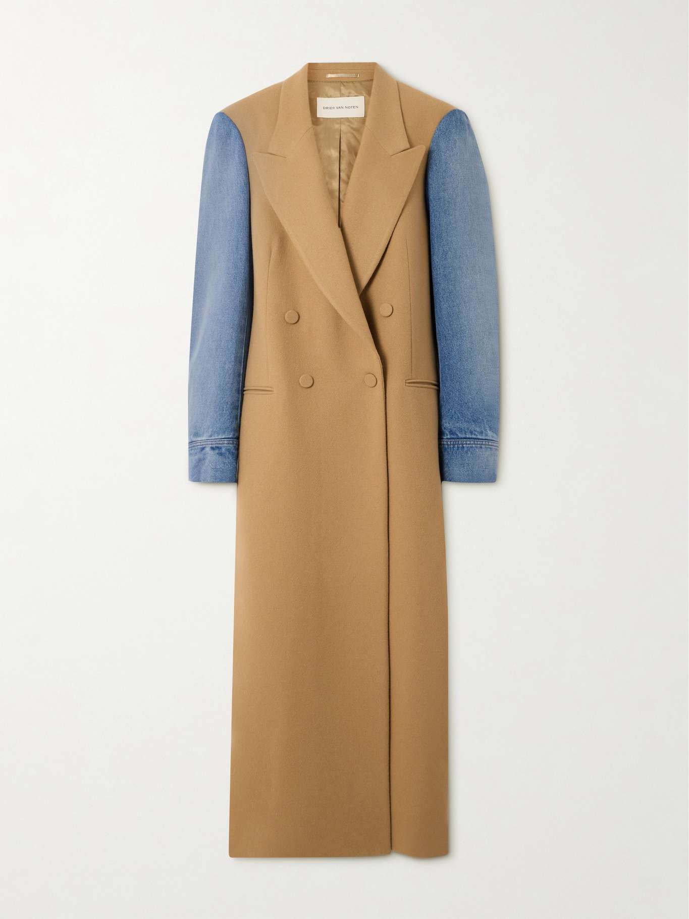 Denim-paneled double-breasted wool-blend twill coat - 1