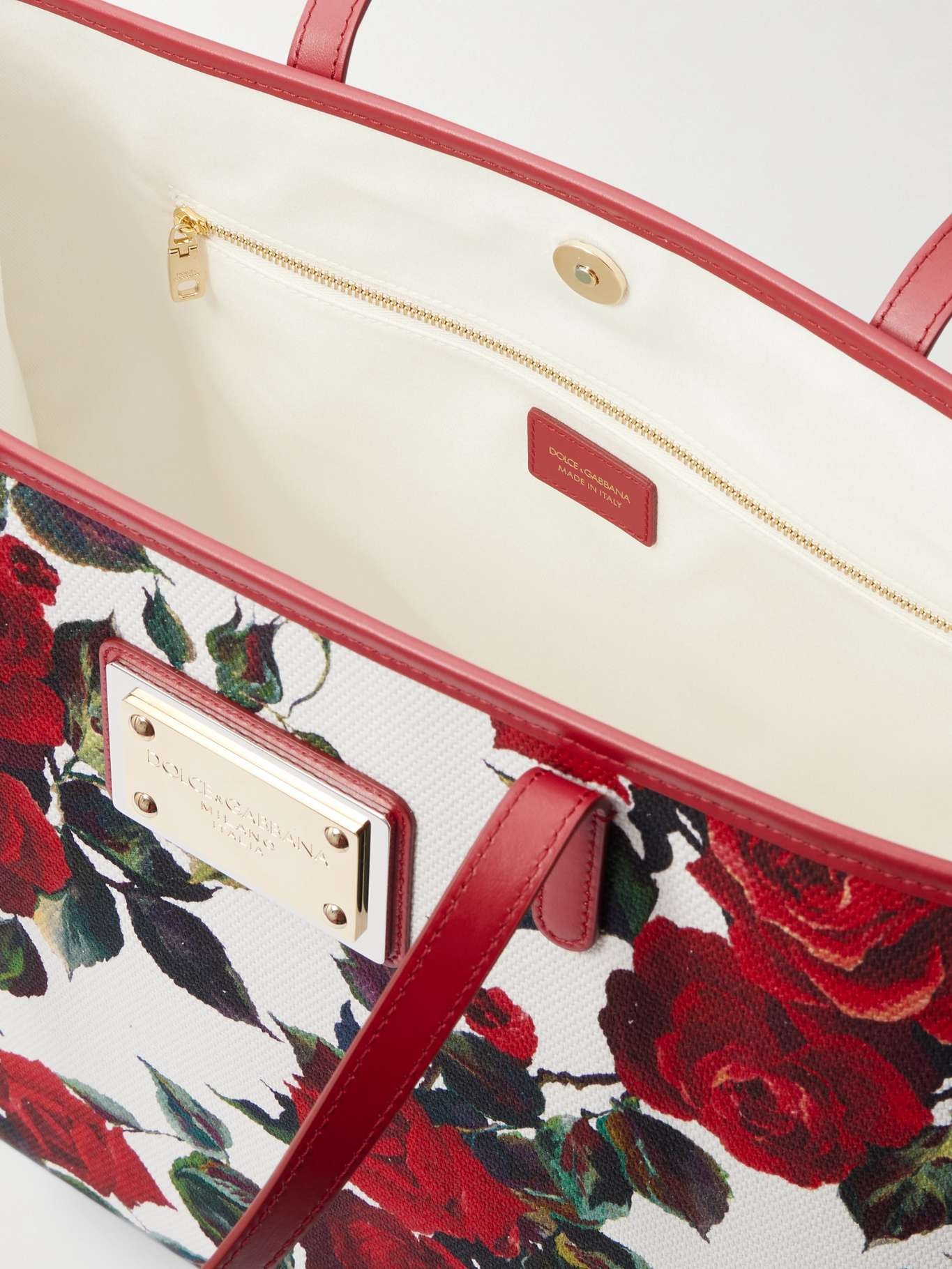 Large floral-print leather-trimmed canvas tote Red - 5