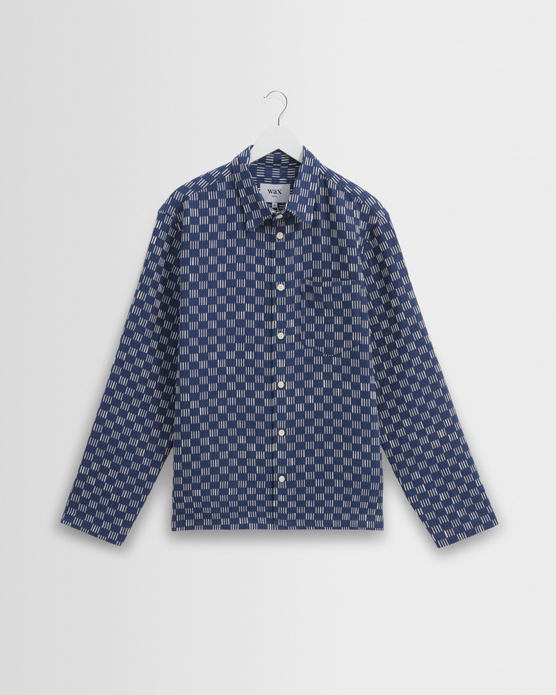 Breton - Indigo And Ecru Geometric Grid Stitch Overshirt 1