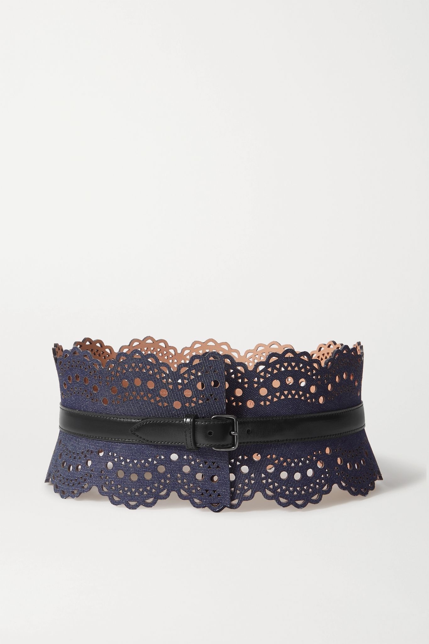 Laser-cut denim and leather waist belt - 1