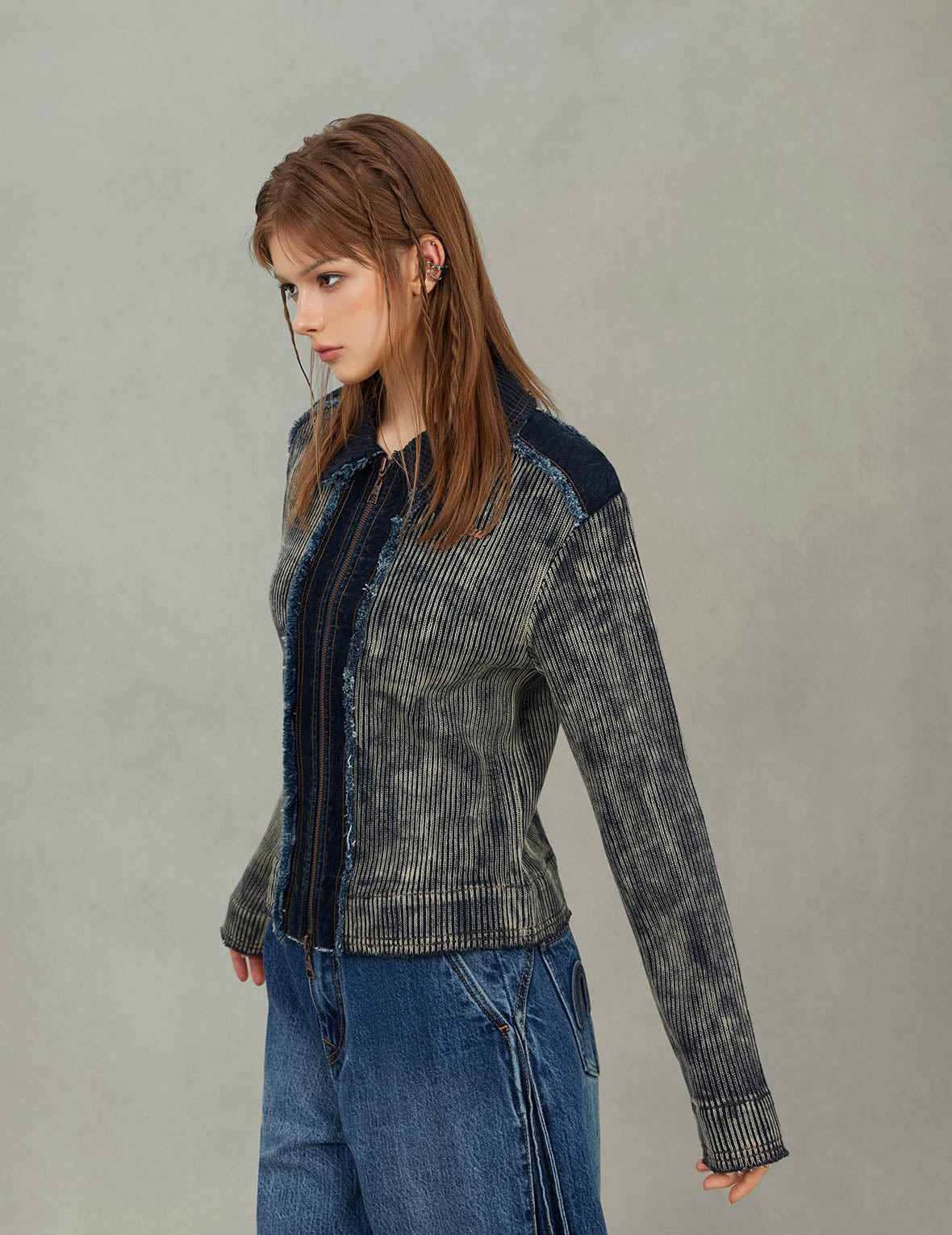 Denim Panelled Fashion Fit Zip-Up Cardigan - 9