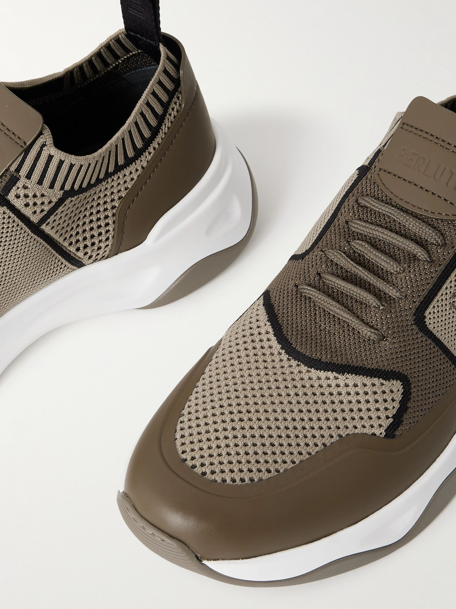 Shadow Rubber and Leather-Trimmed and Coated Stretch-Knit Sneakers Neutral - 5