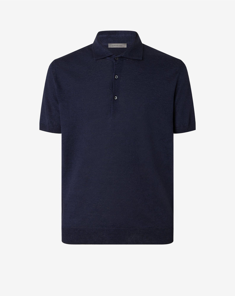 Royal blue button-up linen polo shirt 1