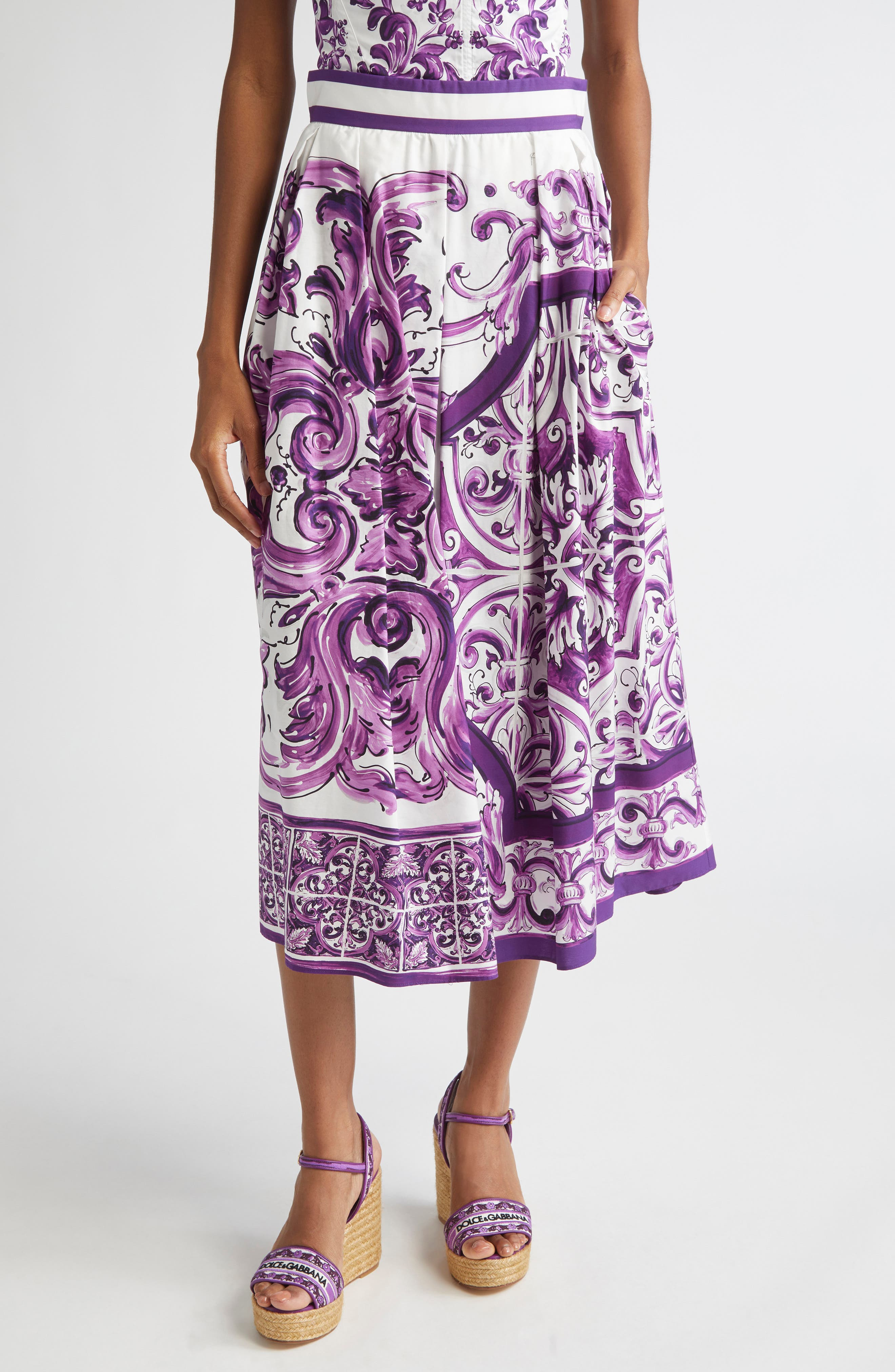Dolce&Gabbana Majolica Print Cotton Poplin A-Line Midi Skirt in Hp5Dq Mix Maiolica L Viola at Nordst - 1