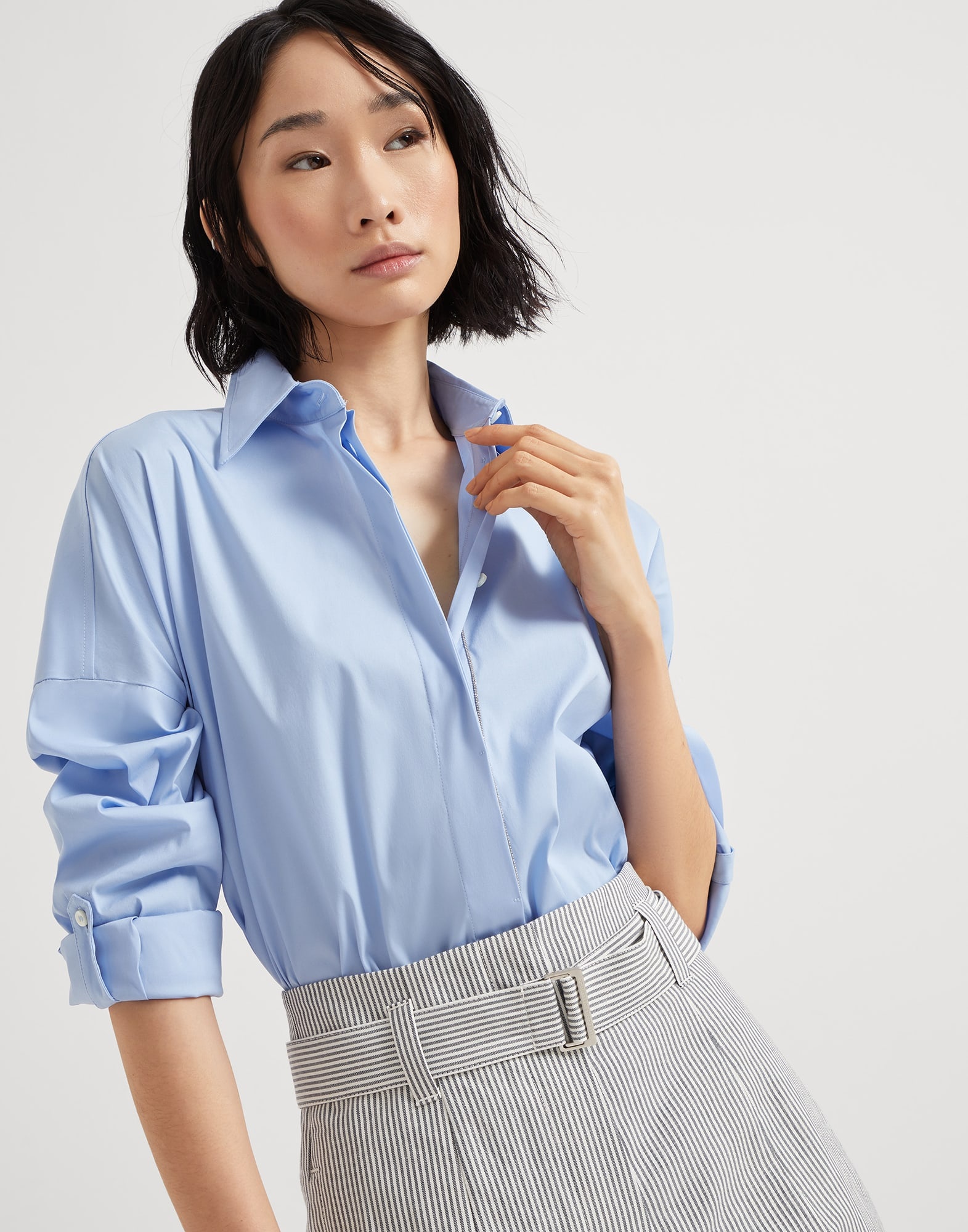 Stretch cotton poplin shirt with shiny trim - 4