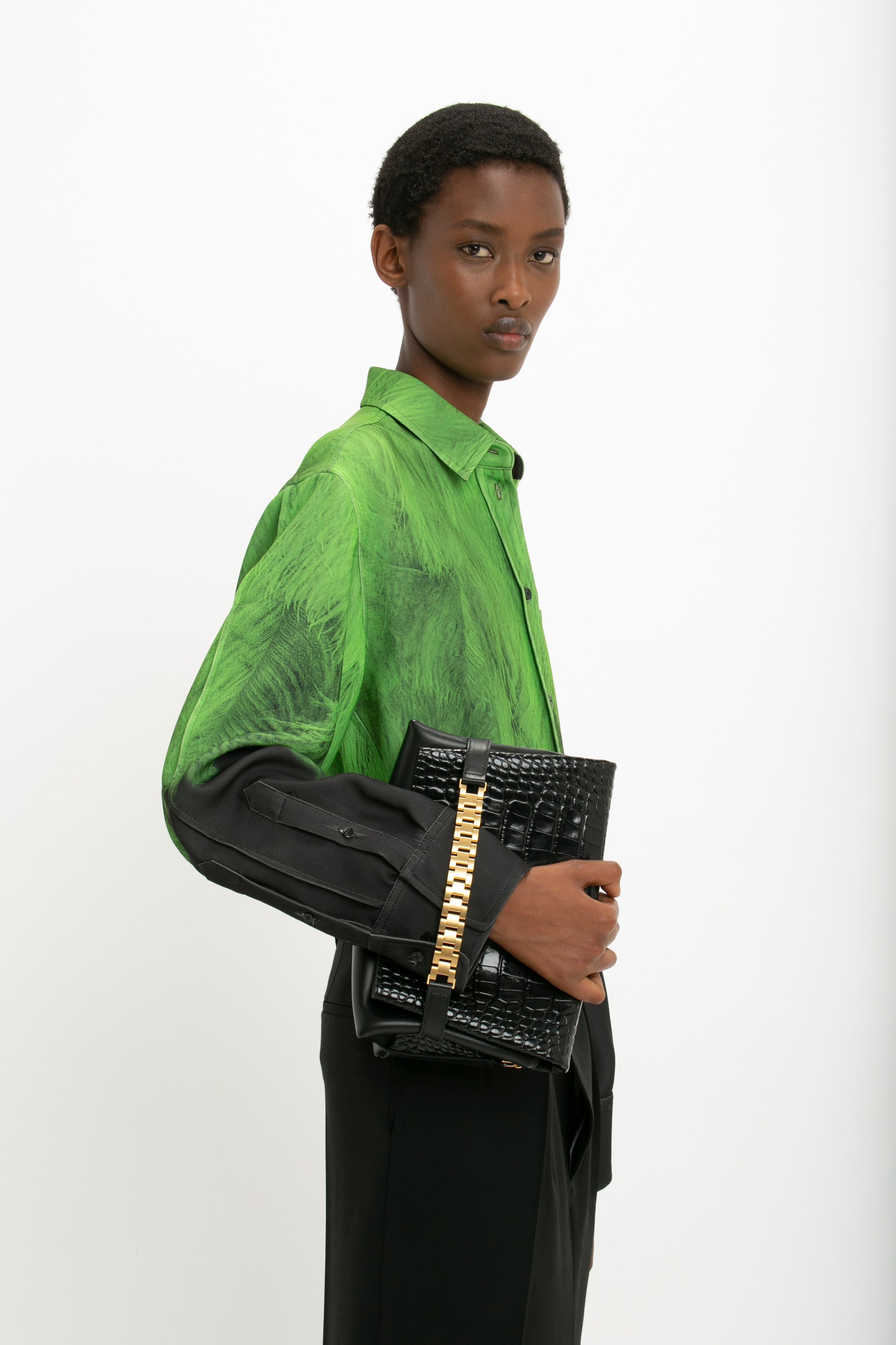 Oversized Digital Feather Print Shirt in Black-Green - 7