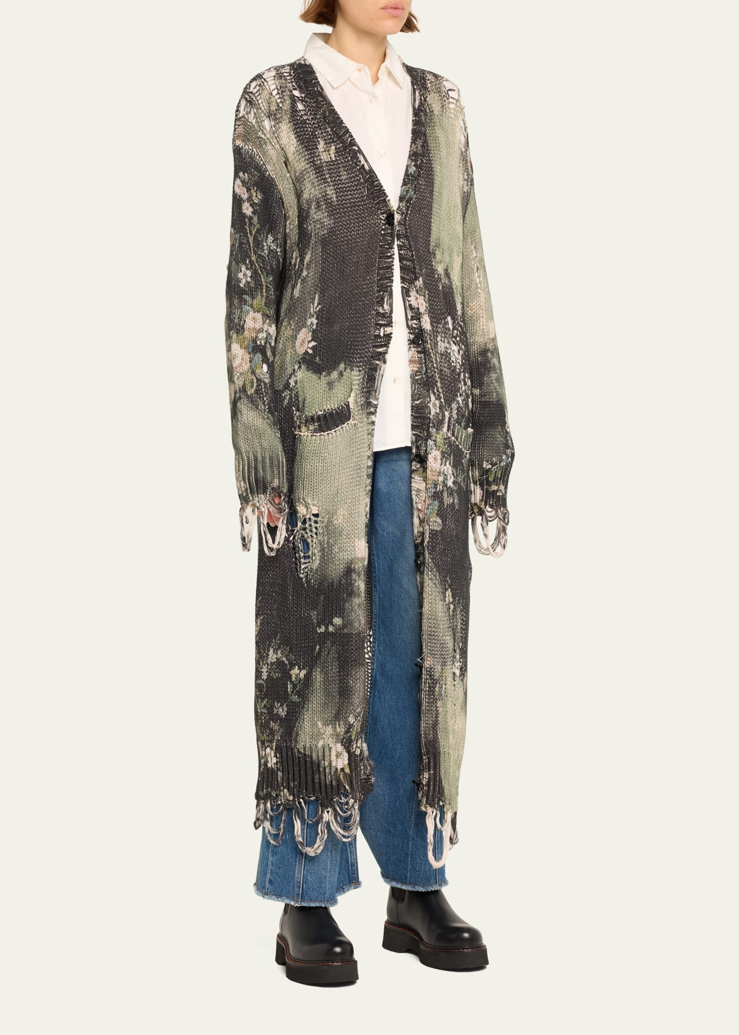 Distressed Long Floral Cardigan - 4