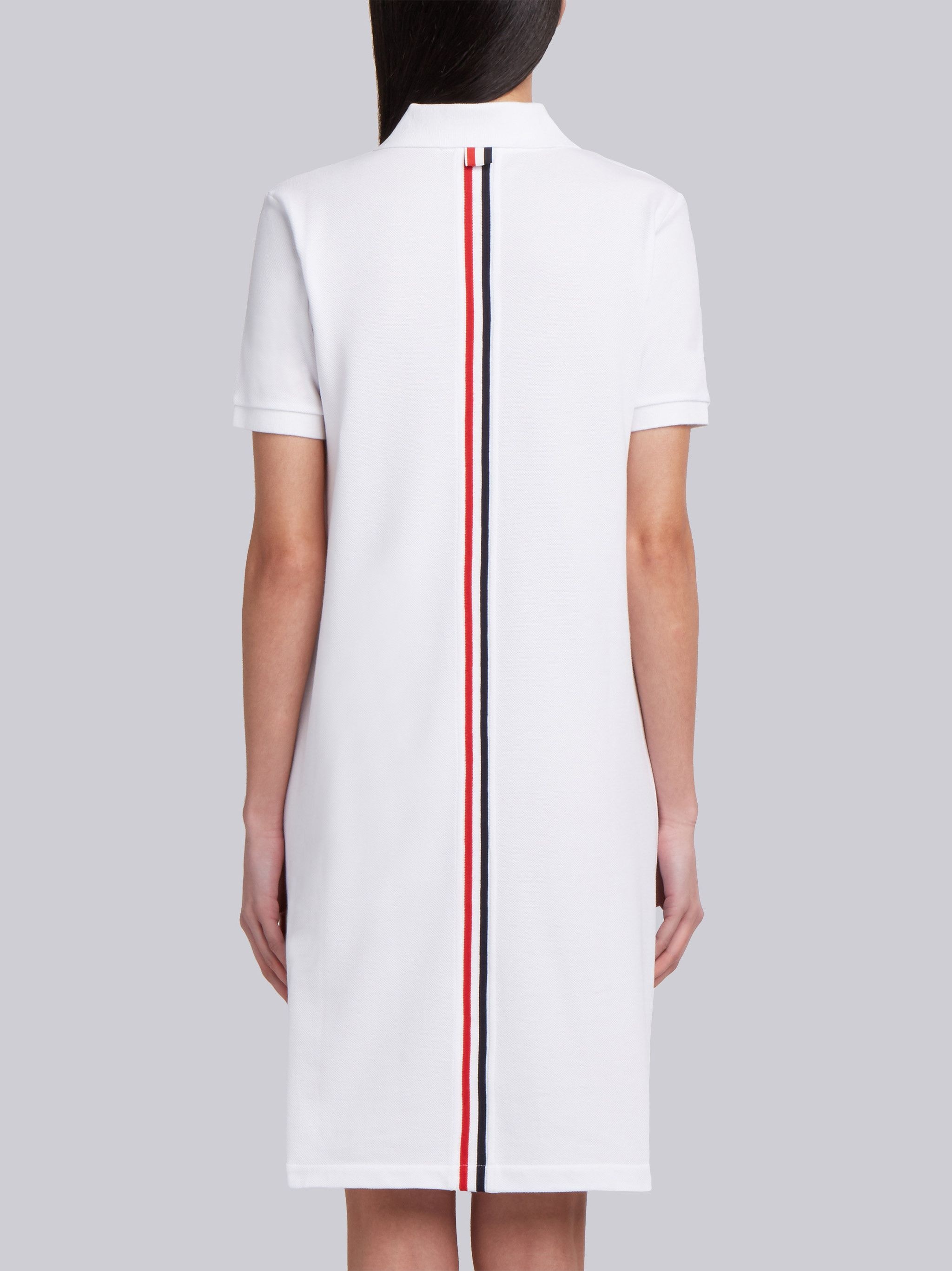 White Classic Cotton Pique Center Back Stripe A-line Short Sleeve Polo Shirtdress - 2