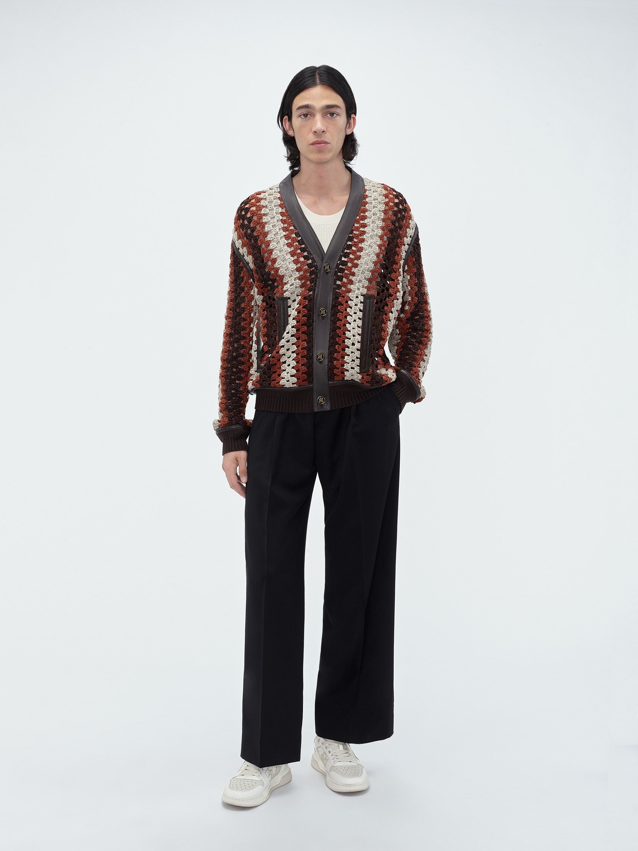 CROCHET KNIT LEATHER CARDIGAN - 2