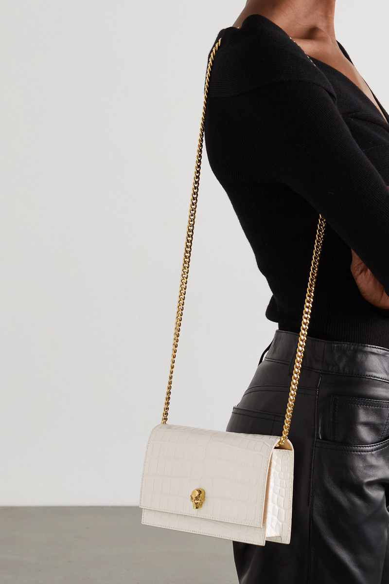 Alexander McQueen Skull mini embellished croc-effect leather shoulder bag outlook