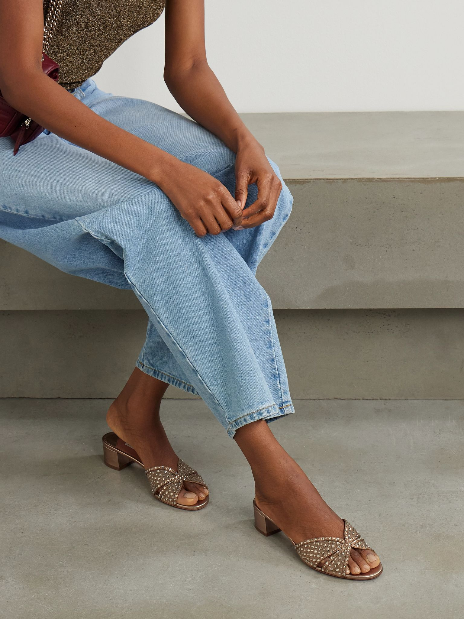 Crystal Lover 35 embellished mesh and leather mules Gold - 2