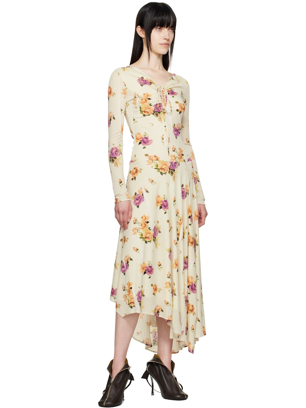 Beige Floral Midi Dress - 4