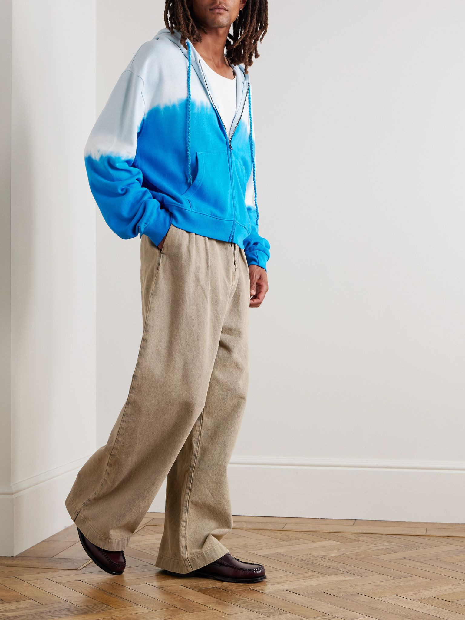 Daily Embroidered Tie-Dyed Cotton-Blend Jersey Zip-Up Hoodie Blue - 2