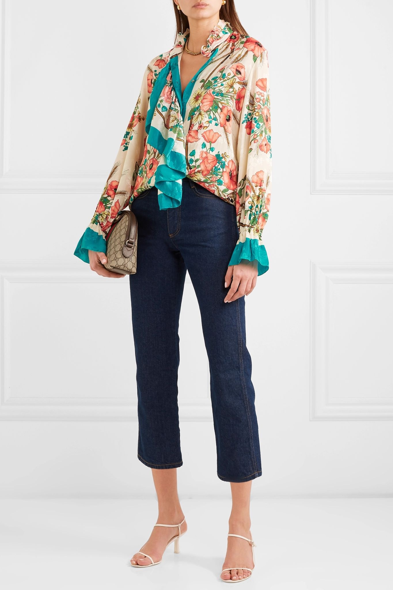 Ruffled floral-print silk-jacquard blouse - 2