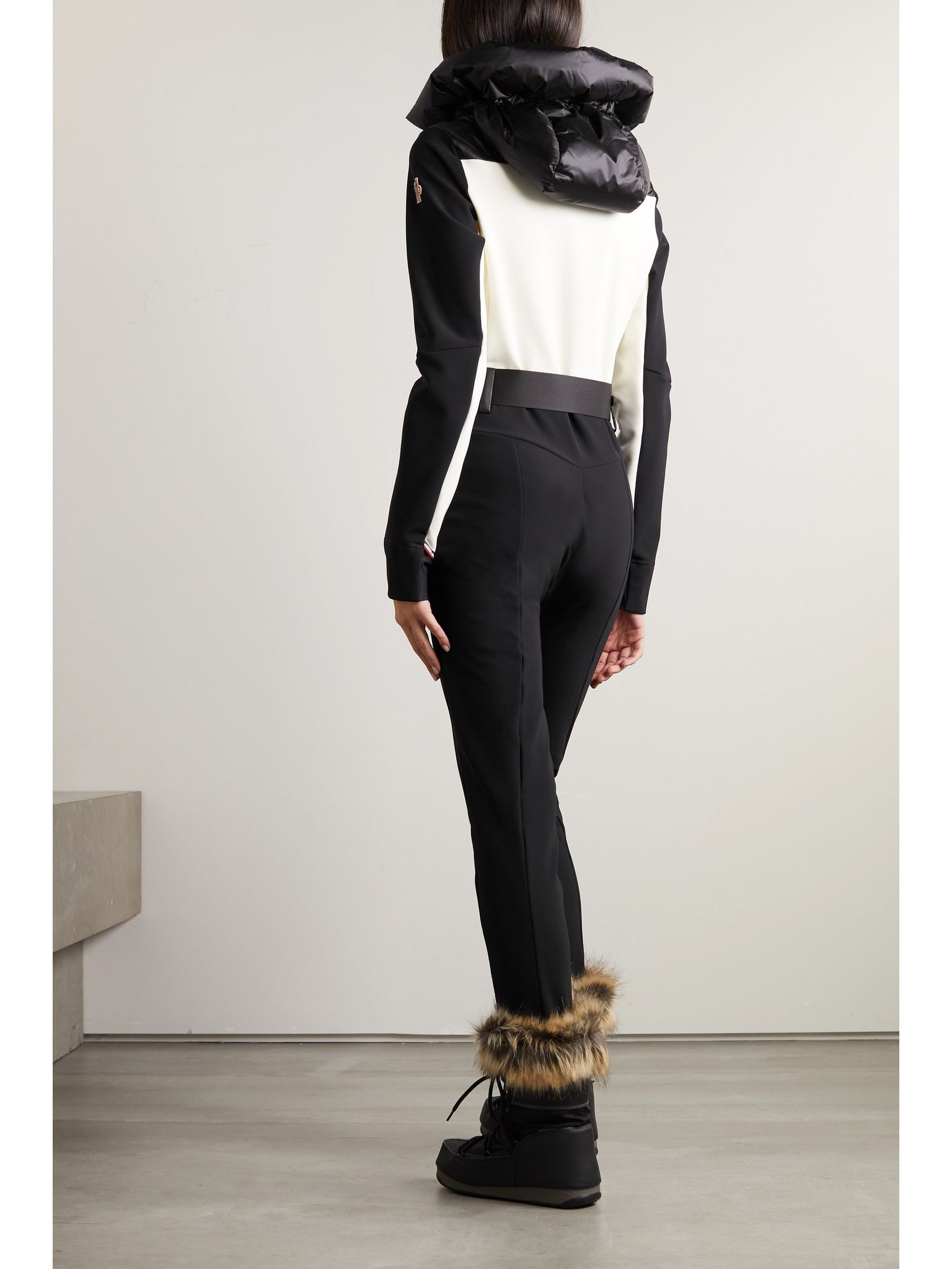 Hooded belted two-tone down ski suit Black - 3