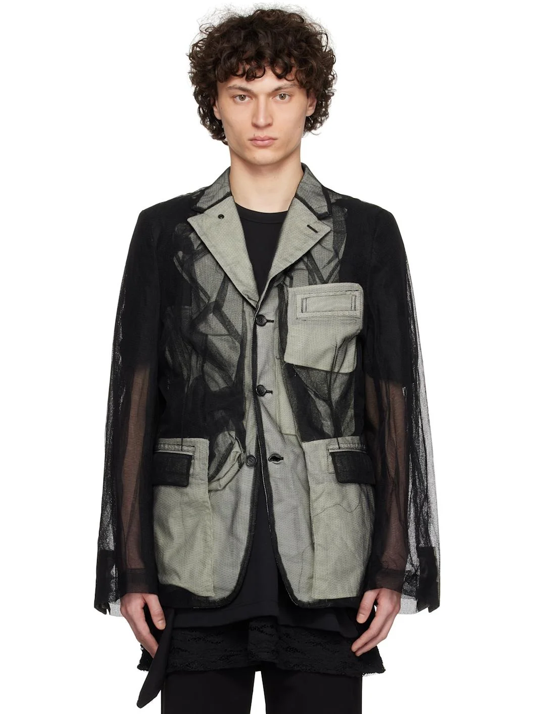 Black Nylon Tulle & Cotton Cloth Blazer - 1