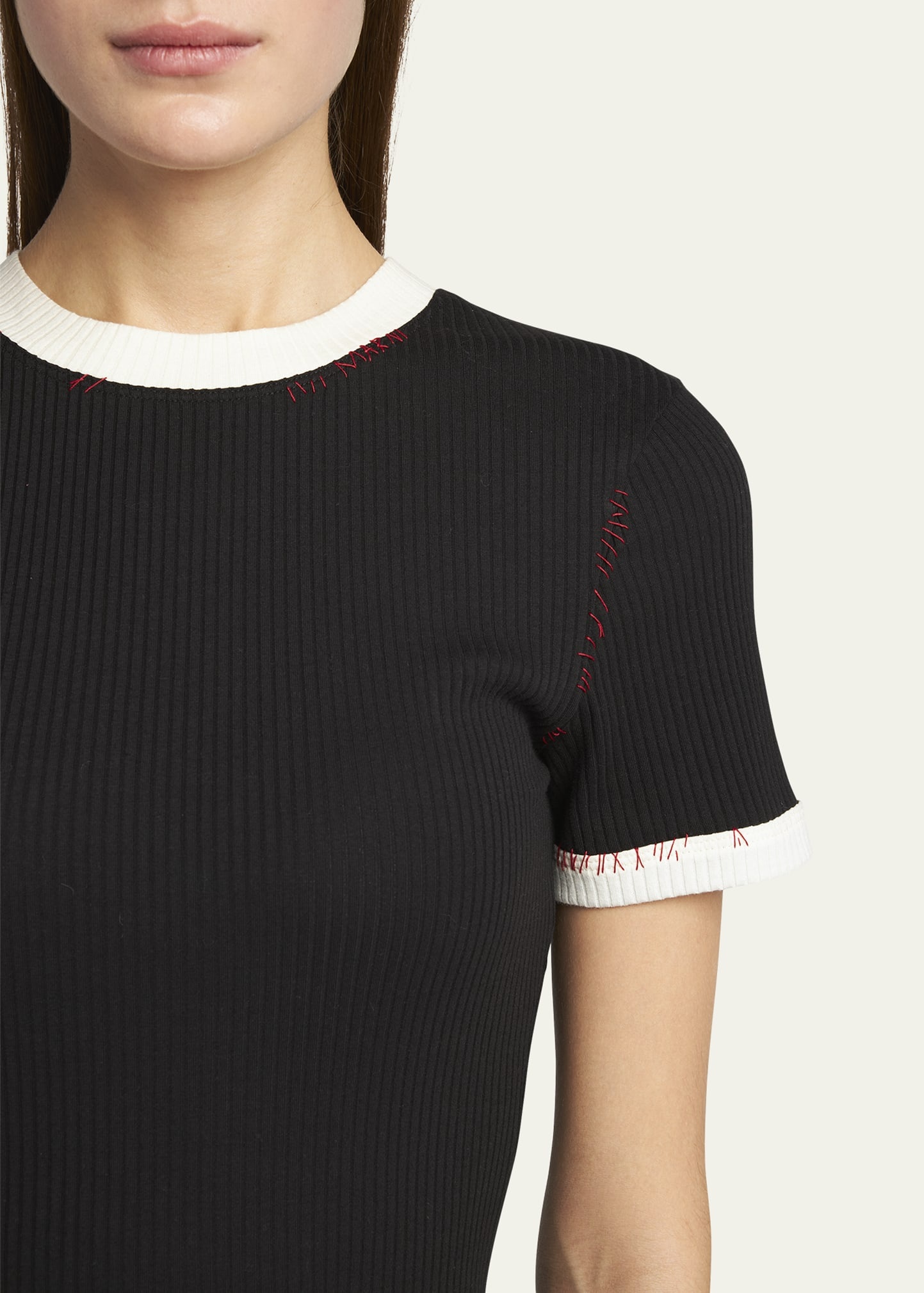 Contrast Rib-Knit Short-Sleeve Crewneck T-Shirt - 5