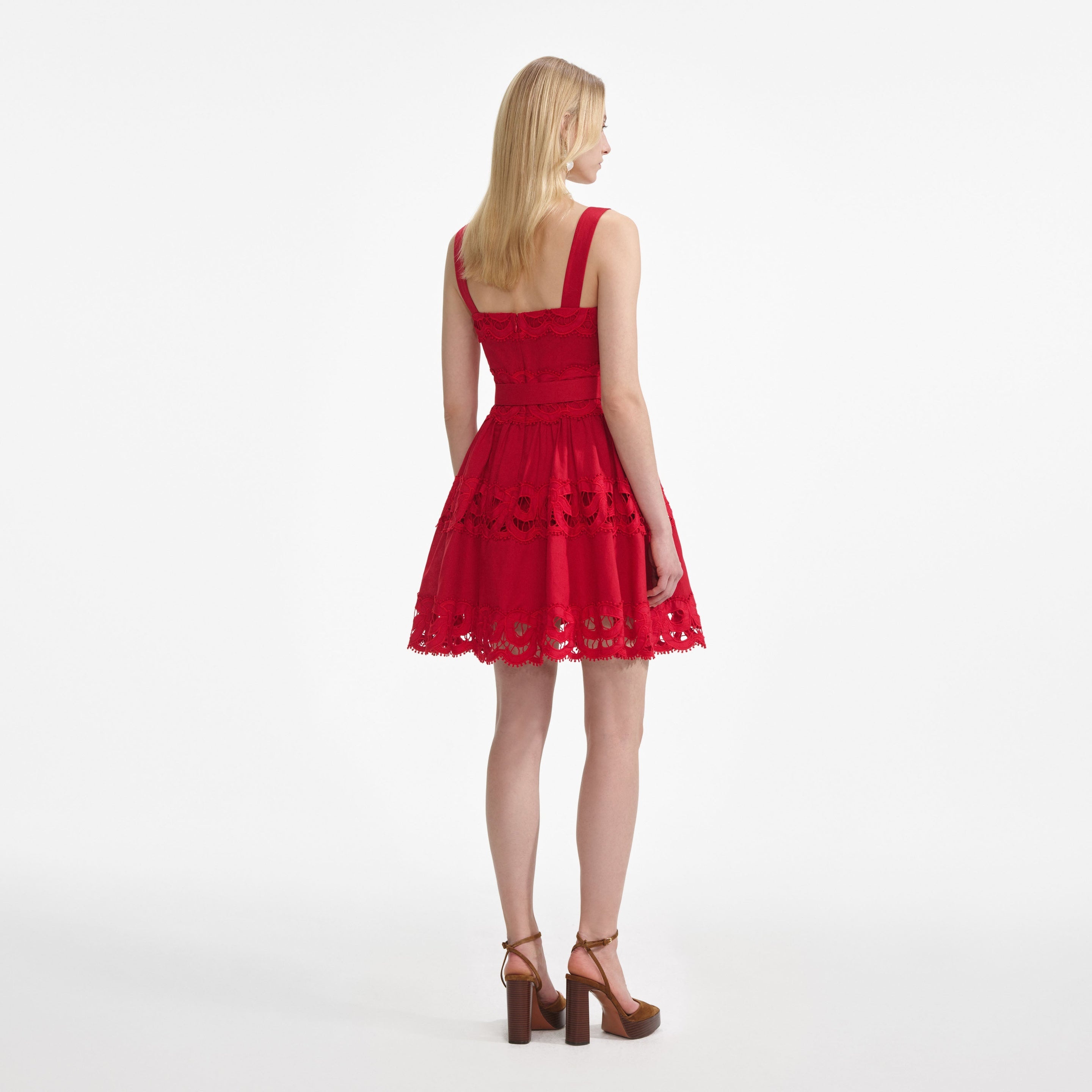 Red Linen Lace Insert Mini Dress - 3
