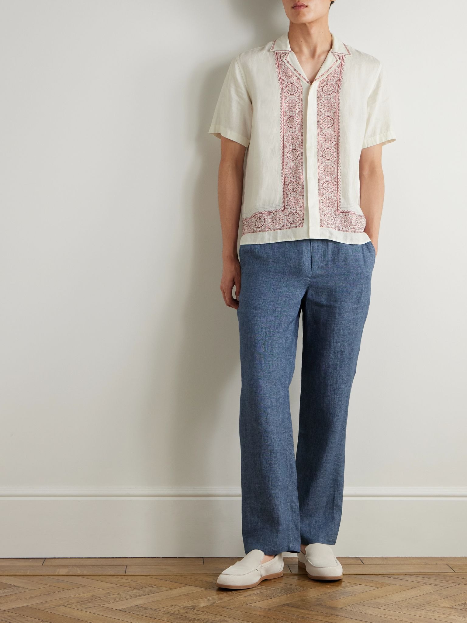 Maitan Camp-Collar Printed Linen Shirt Cream - 2