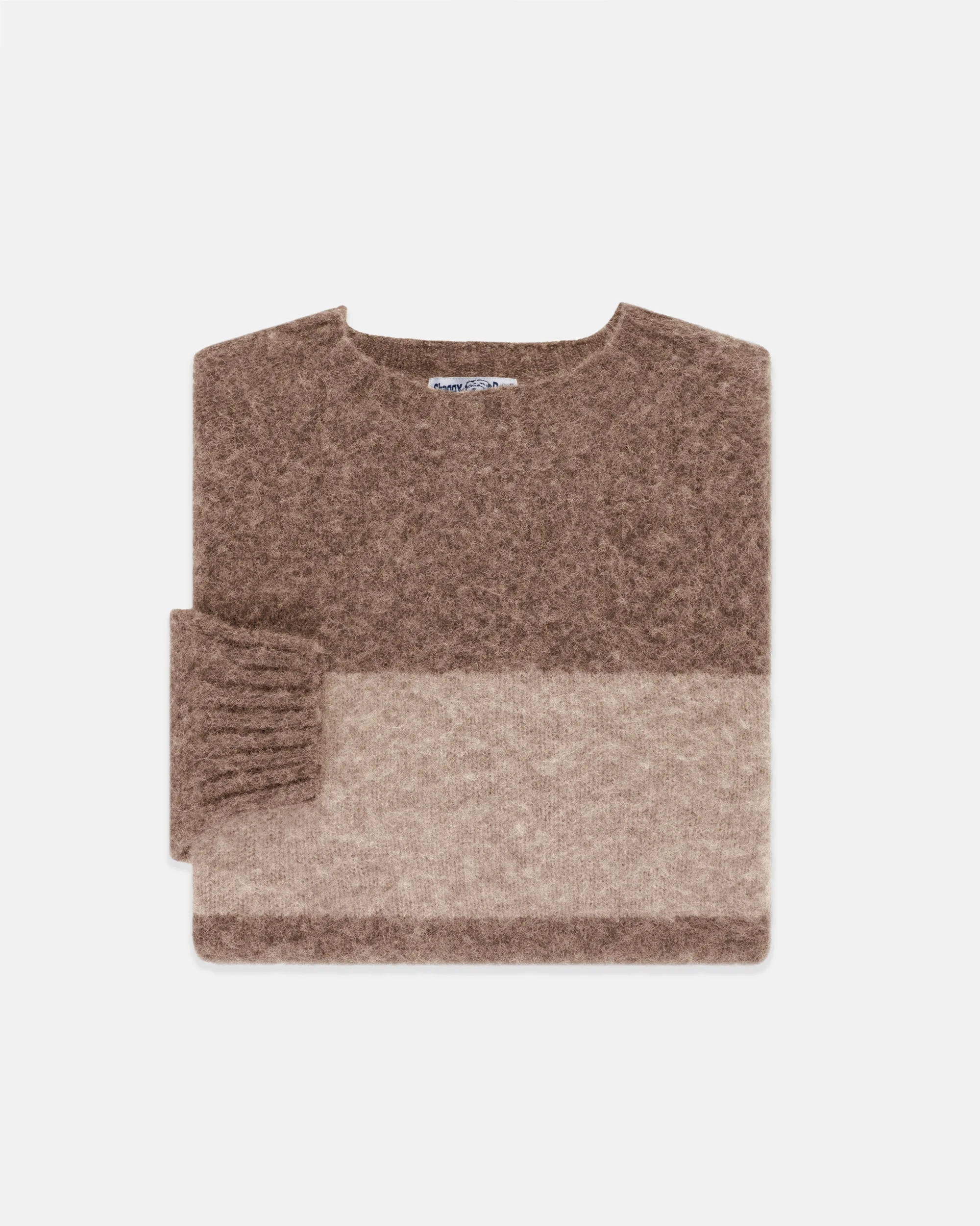 MADE-IN-SCOTLAND NUTMEG & TAN SHAGGY DOG BLOCK STRIPE SWEATER - TRIM FIT - 1