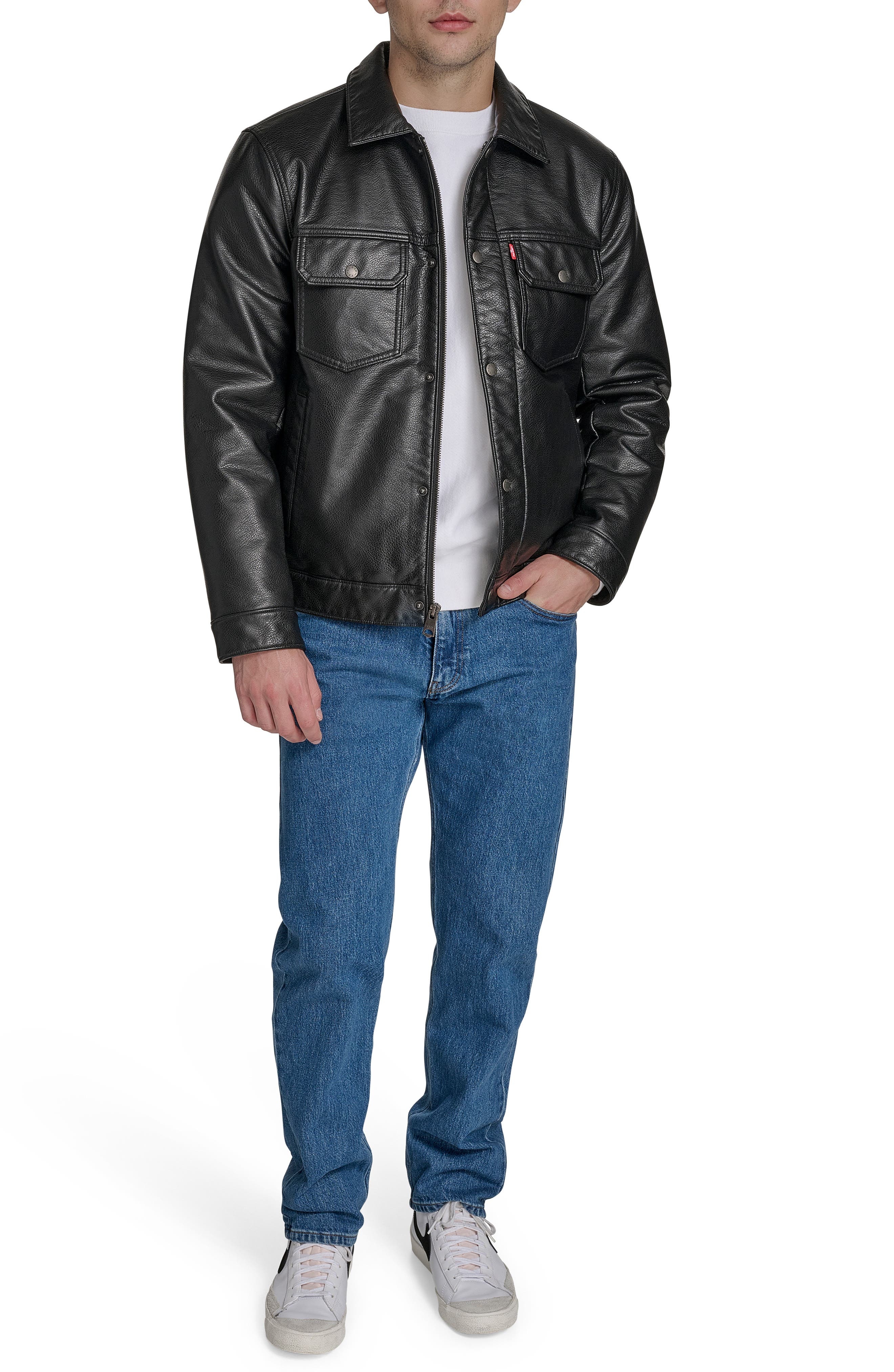 levi's Relaxed Water Resistant Faux Leather Trucker Jacket in Black at Nordstrom - 7