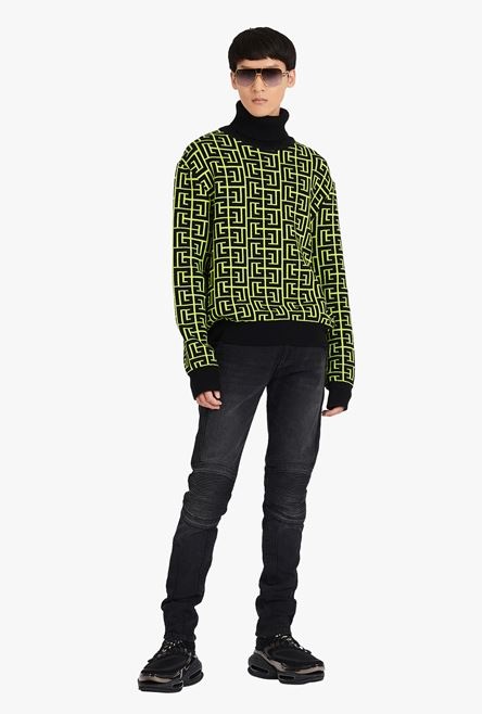 Capsule After ski - neon yellow and black Balmain monogram merino wool turtleneck sweater - 2