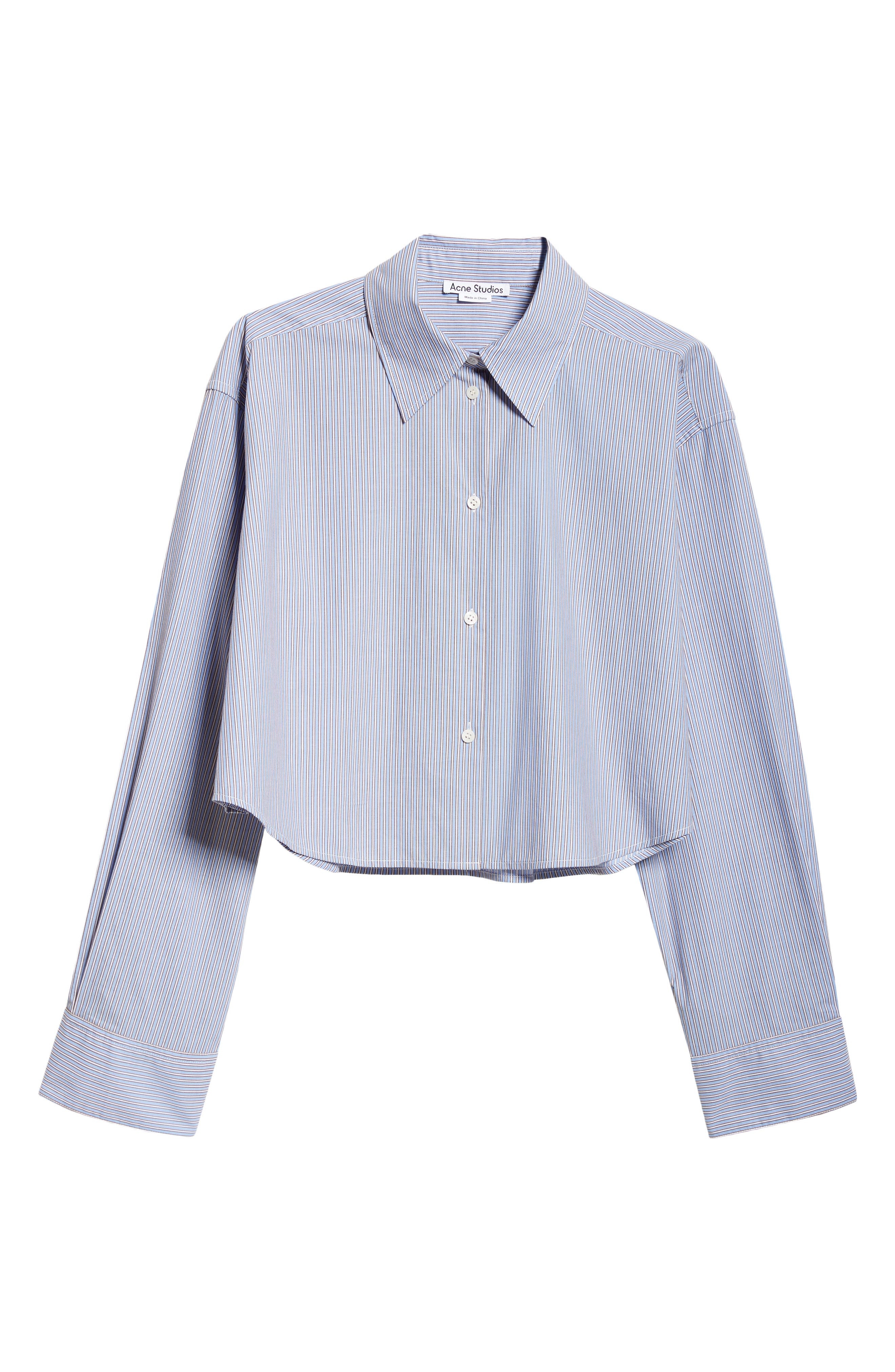 Acne Studios Satai Stripe Crop Cotton Button-Up Shirt in Sky Blue/Coffee Brown at Nordstrom - 6