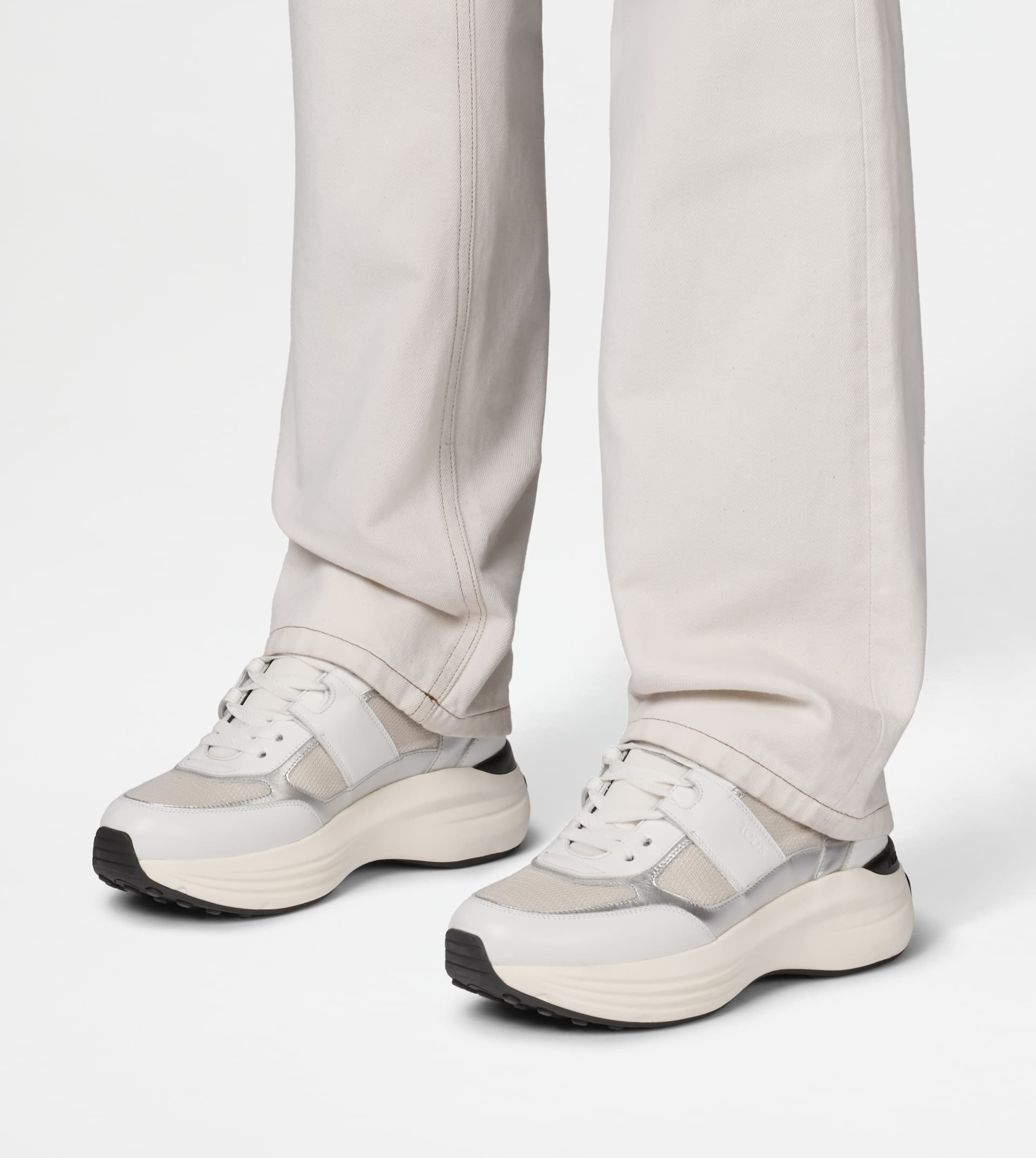 SNEAKERS IN LEATHER AND FABRIC - WHITE, SILVER - 7