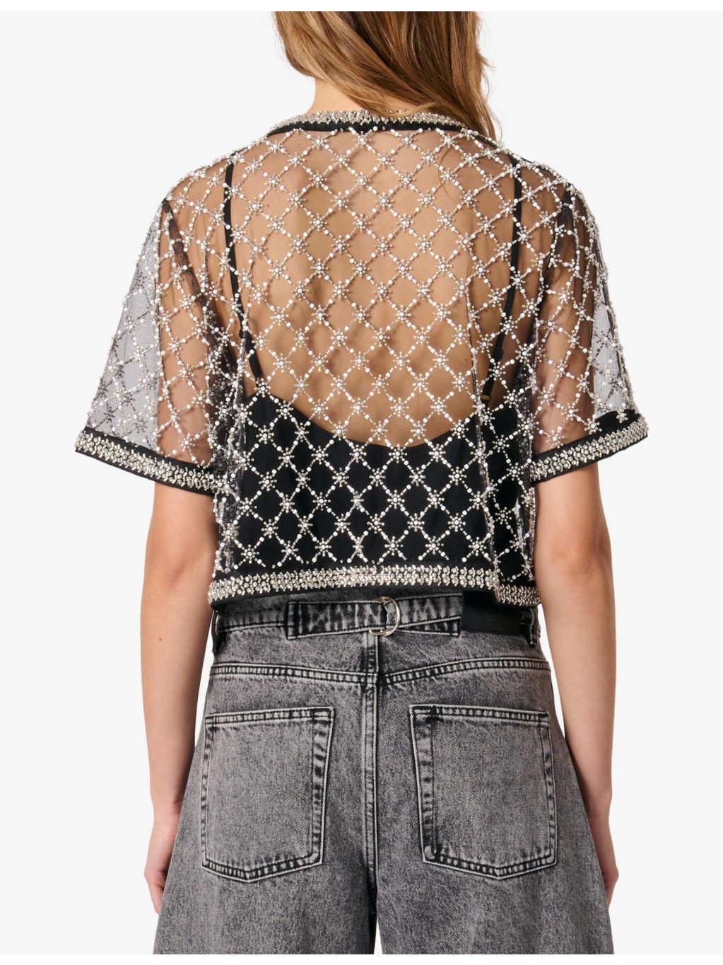 Bead-Embroidered Short-Sleeve Tulle Top - 4