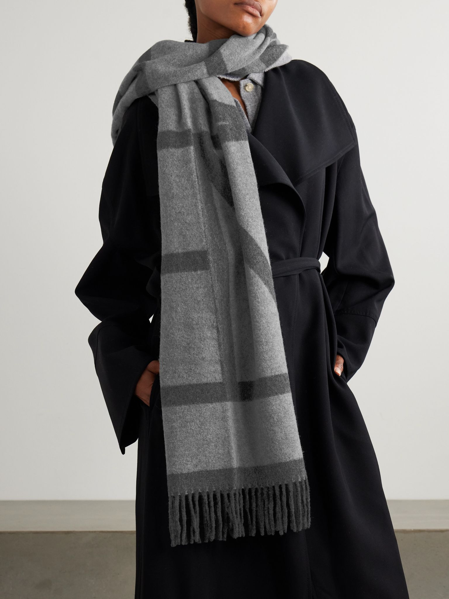 Fringed mélange jacquard-knit wool scarf Gray - 2