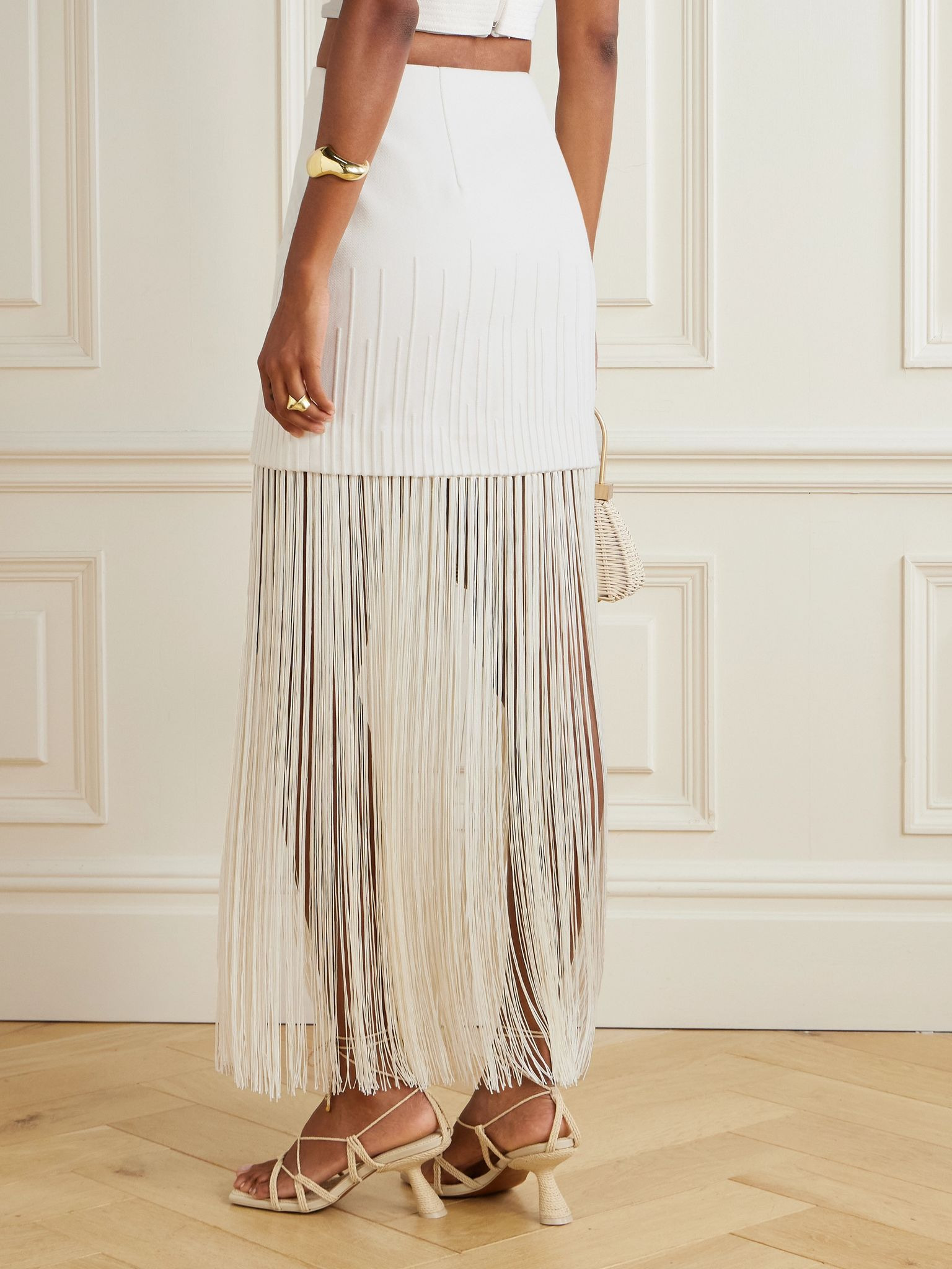 Aurora Stutil fringed embroidered cotton-twill maxi skirt Off-white - 3