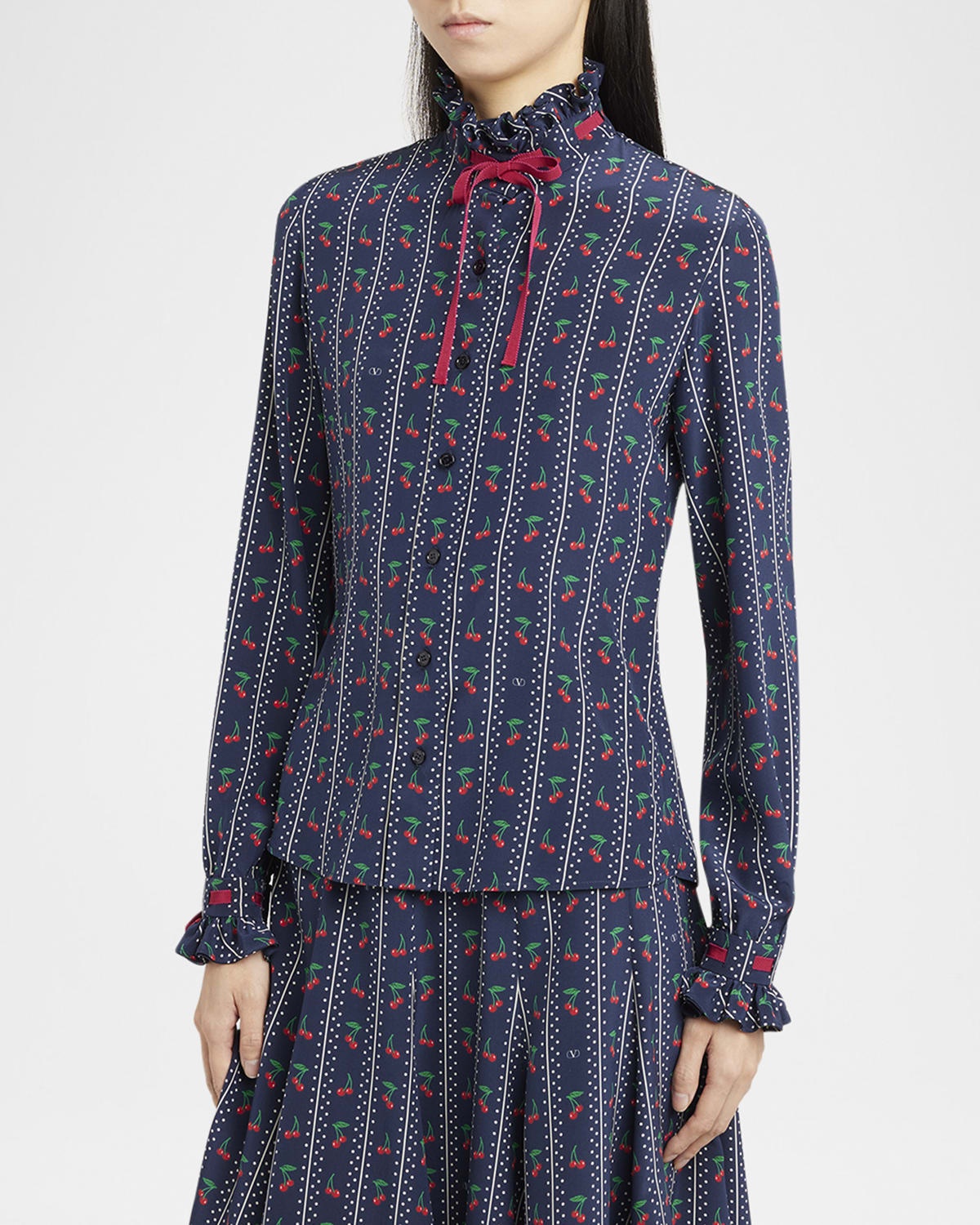 Cherry Polka-Dot Striped Crepe De Chine Shirt - 4
