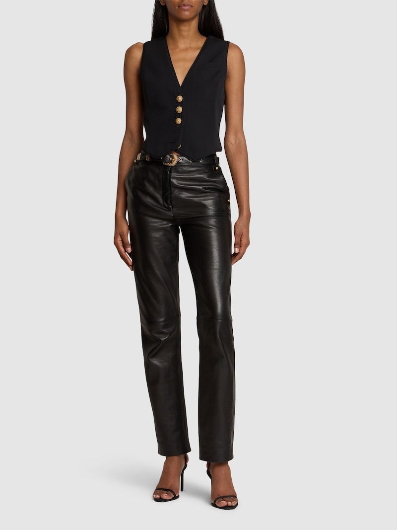 Belted leather straight pants - 2