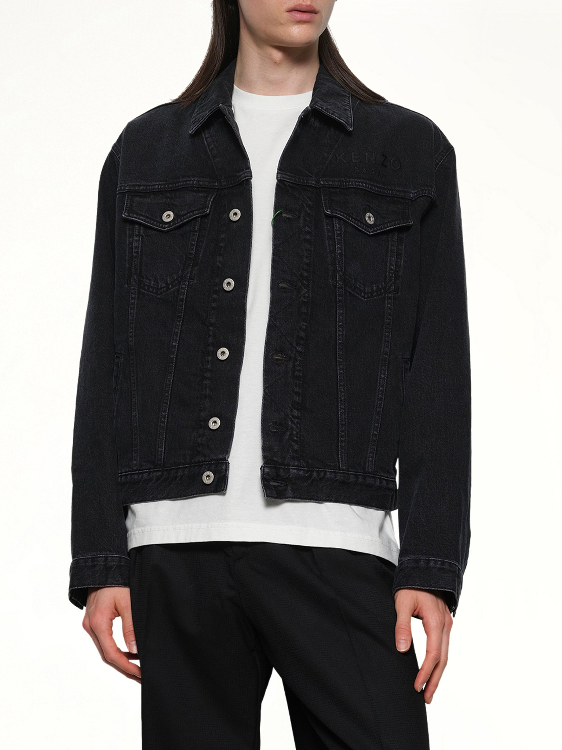 Boke Flower Trucker Jacket in Stone Bleached Black Denim - 6