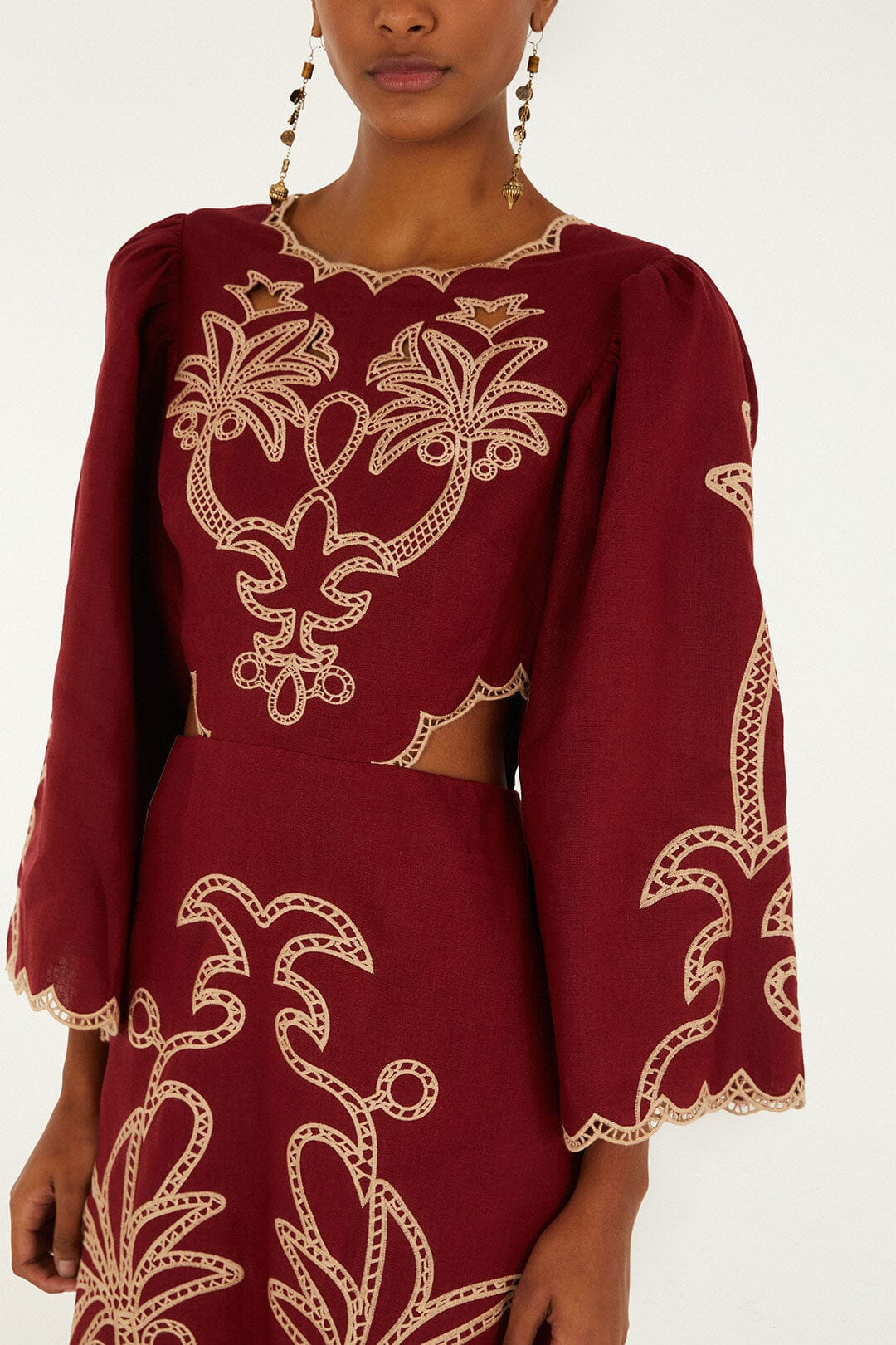 Red Artisanal Cut-Out Embroidered Euroflax™ Premium Linen Maxi Dress - 5