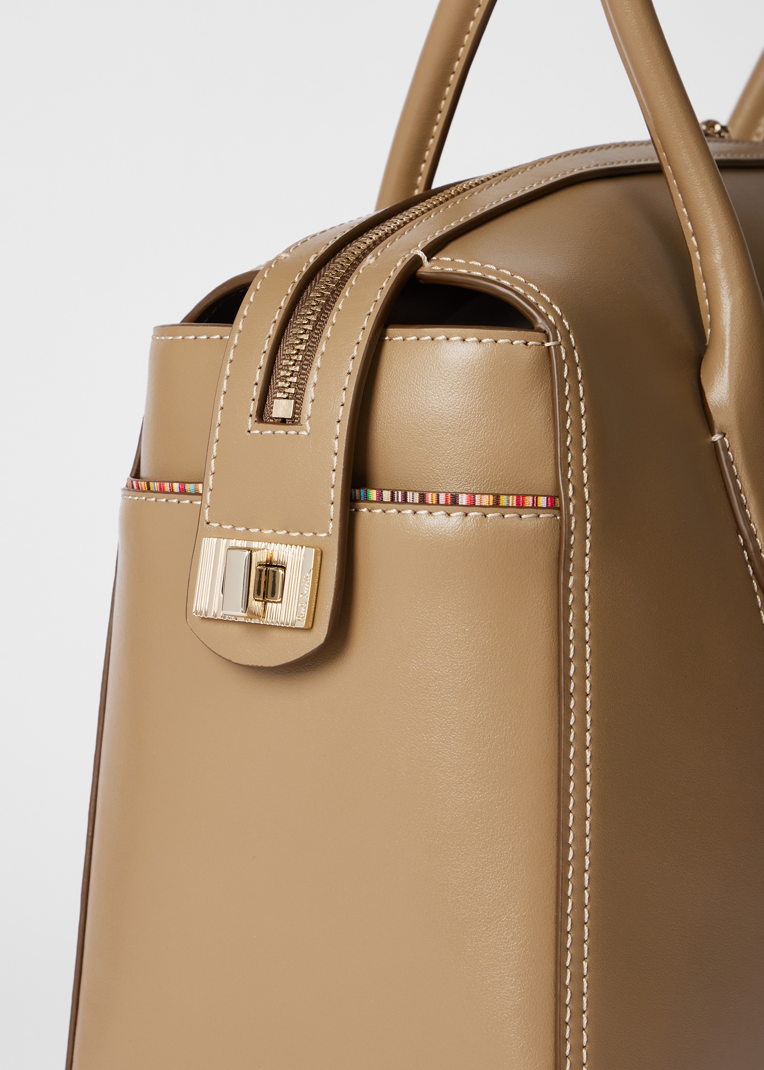 Women's Khaki Smooth Leather Boston Bag - 5