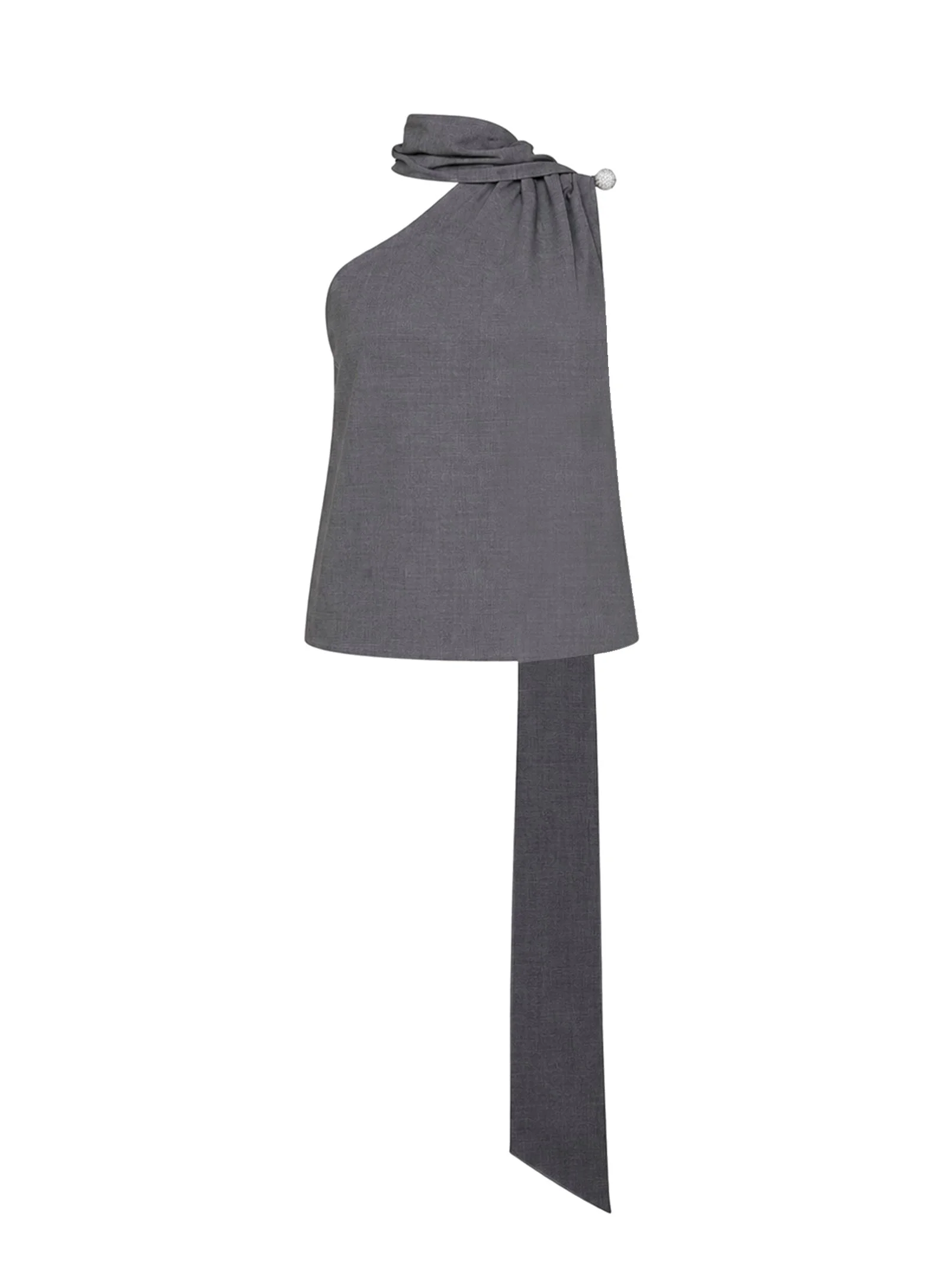 Dark grey virgin wool one-shoulder top with jeweled detail - 1